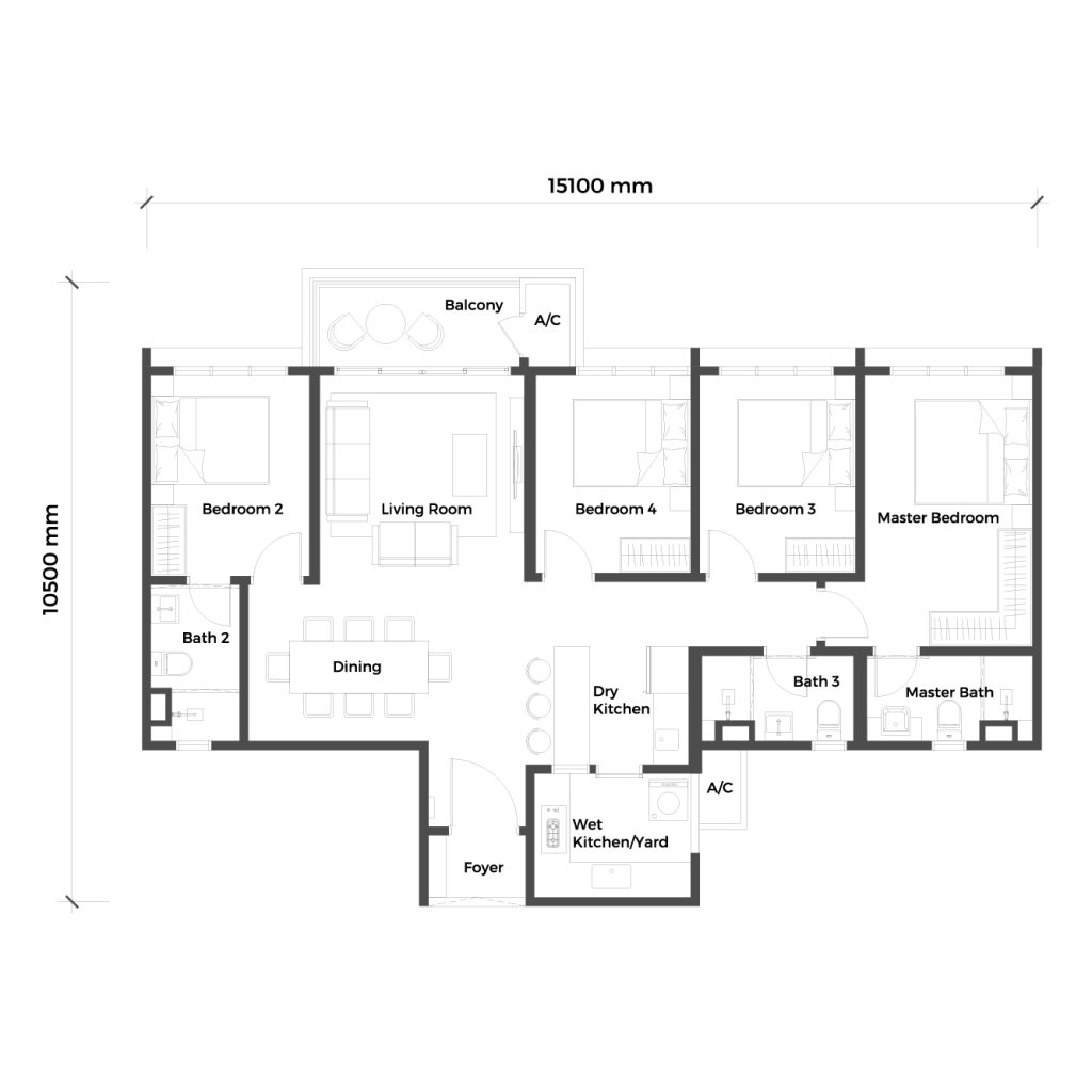 SUNWAY D'HILL RESIDENCES, PETALING JAYA: A 2D architectural floor plan of a residential unit showing four bedrooms, a living room, dining area, and three bathrooms.