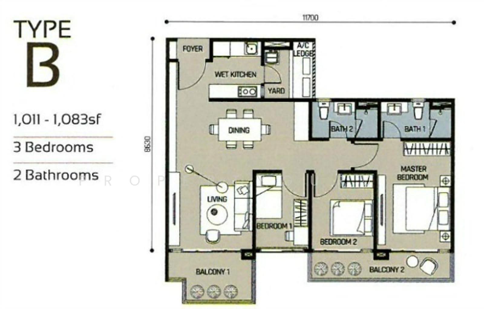 SkyLuxe On The Park @ Bukit Jalil: A floor plan diagram labeled 'TYPE B' for a 3-bedroom, 2-bathroom unit with an area of 1,011 - 1,083 square feet.