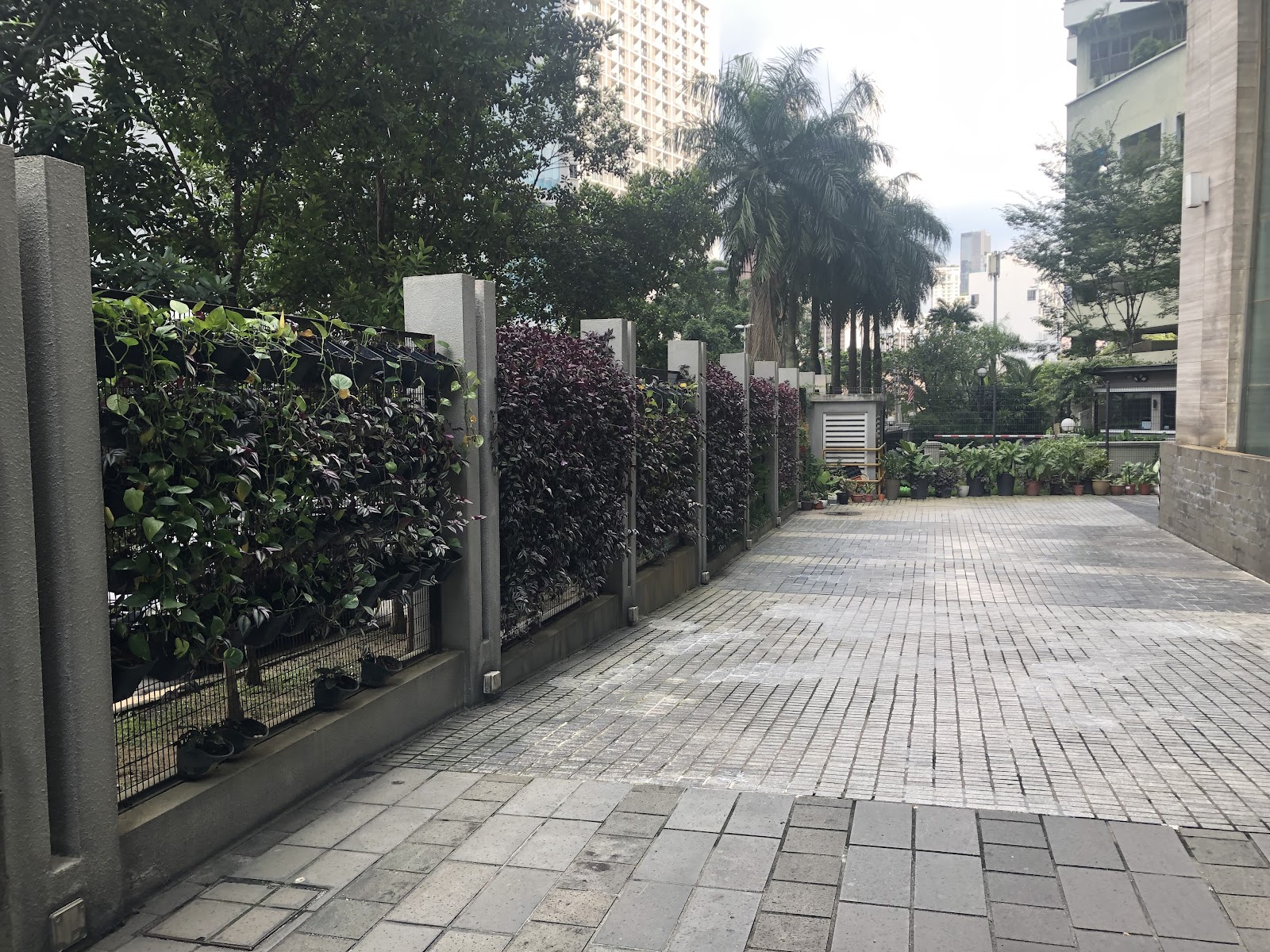 Laman Ceylon, KL: A paved walkway in a landscaped courtyard area, flanked by a fence with dense green plants and leading towards a utility structure.