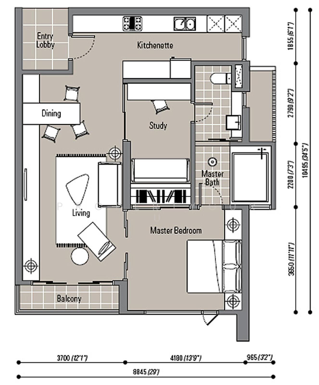 The Northshore: An architectural floor plan of a residential unit showing the layout of the kitchen, dining, living, study, master bedroom, and balcony.