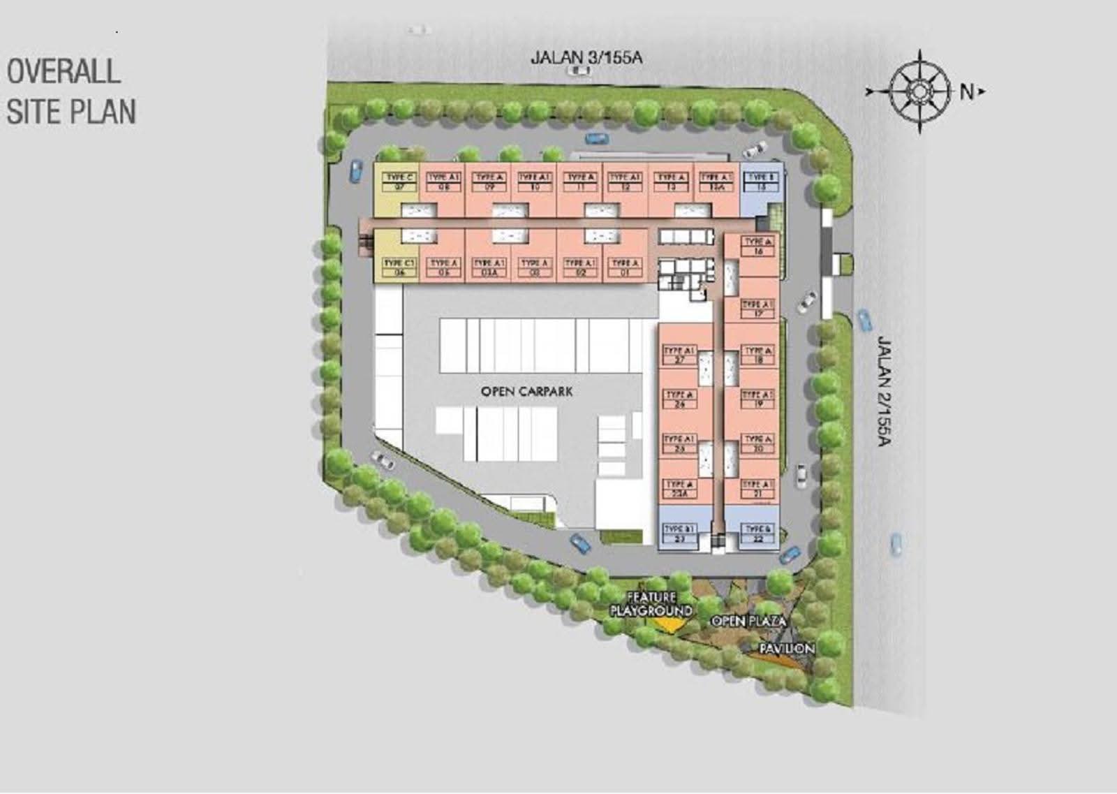 Lanai Residences: A site plan showing the layout of Lanai Residences, including open carpark, unit types, and surrounding roads.