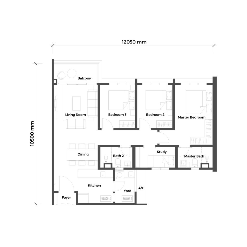 SUNWAY D'HILL RESIDENCES, PETALING JAYA: A black-and-white architectural floor plan of a three-bedroom apartment, showing room labels, furniture layouts, and overall dimensions.