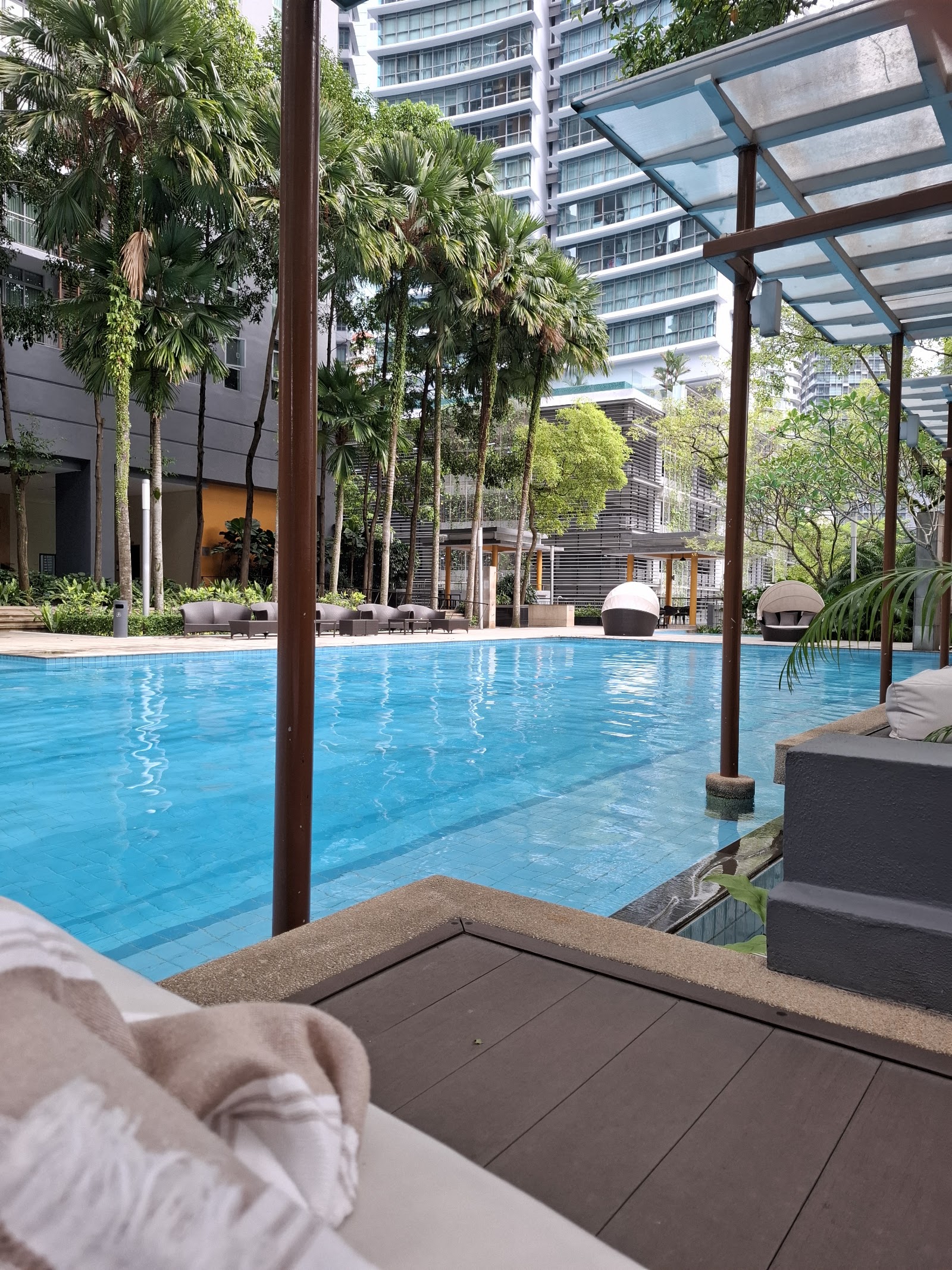 Hampshire Residences: A view of a residential swimming pool area with lounge chairs and palm trees, seen from a shaded deck with an umbrella stand.