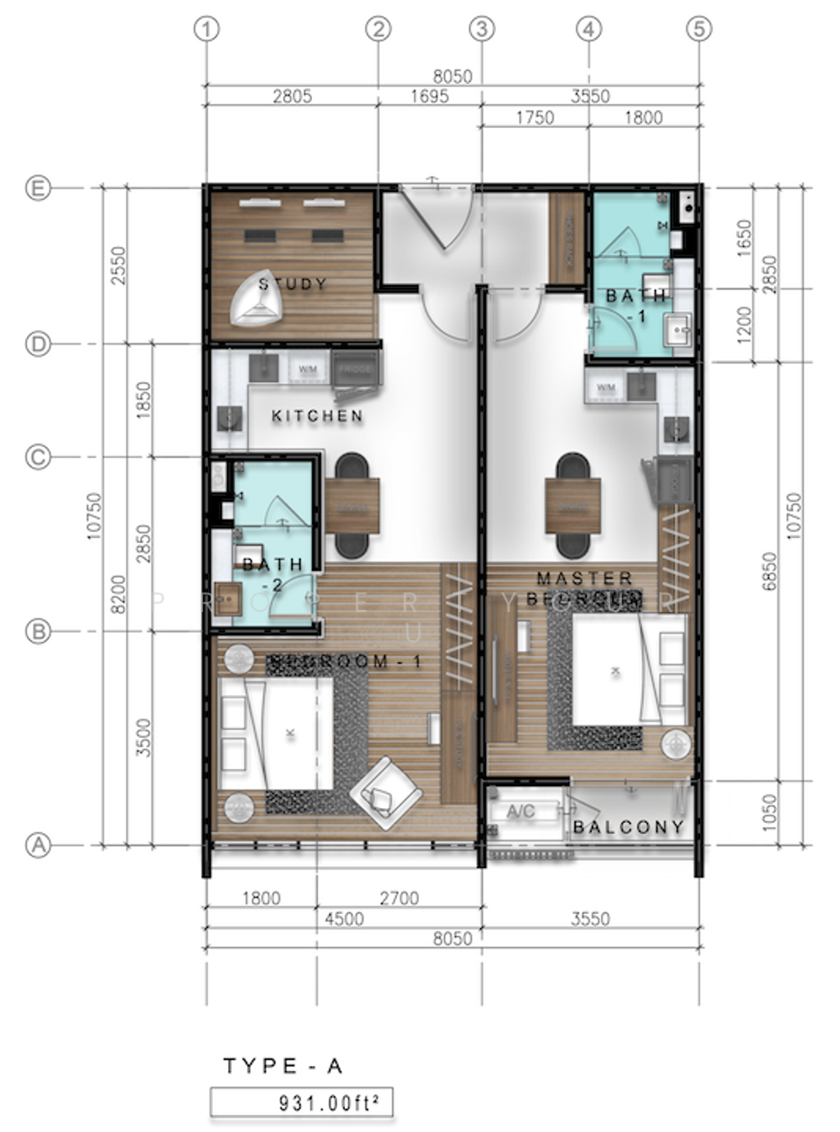Impression U-Thant: A detailed architectural floor plan of a residential unit labeled Type - A, showing rooms, dimensions, and furniture layouts.