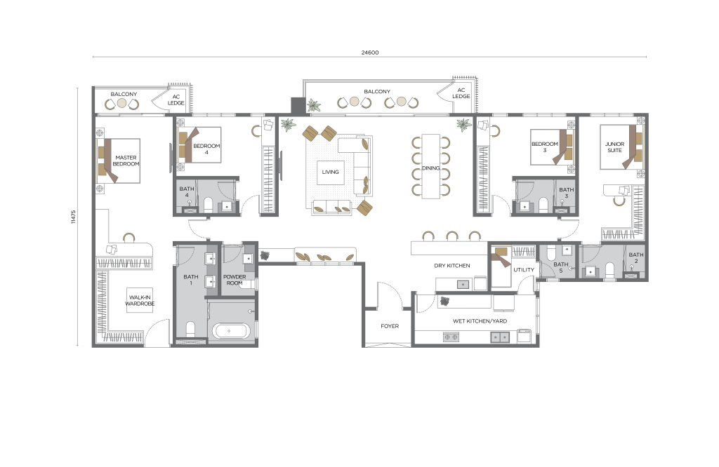 SUNWAY FLORA RESIDENCES: A detailed floor plan of a residential unit showing multiple bedrooms, living and dining areas, kitchens, bathrooms, and balconies.