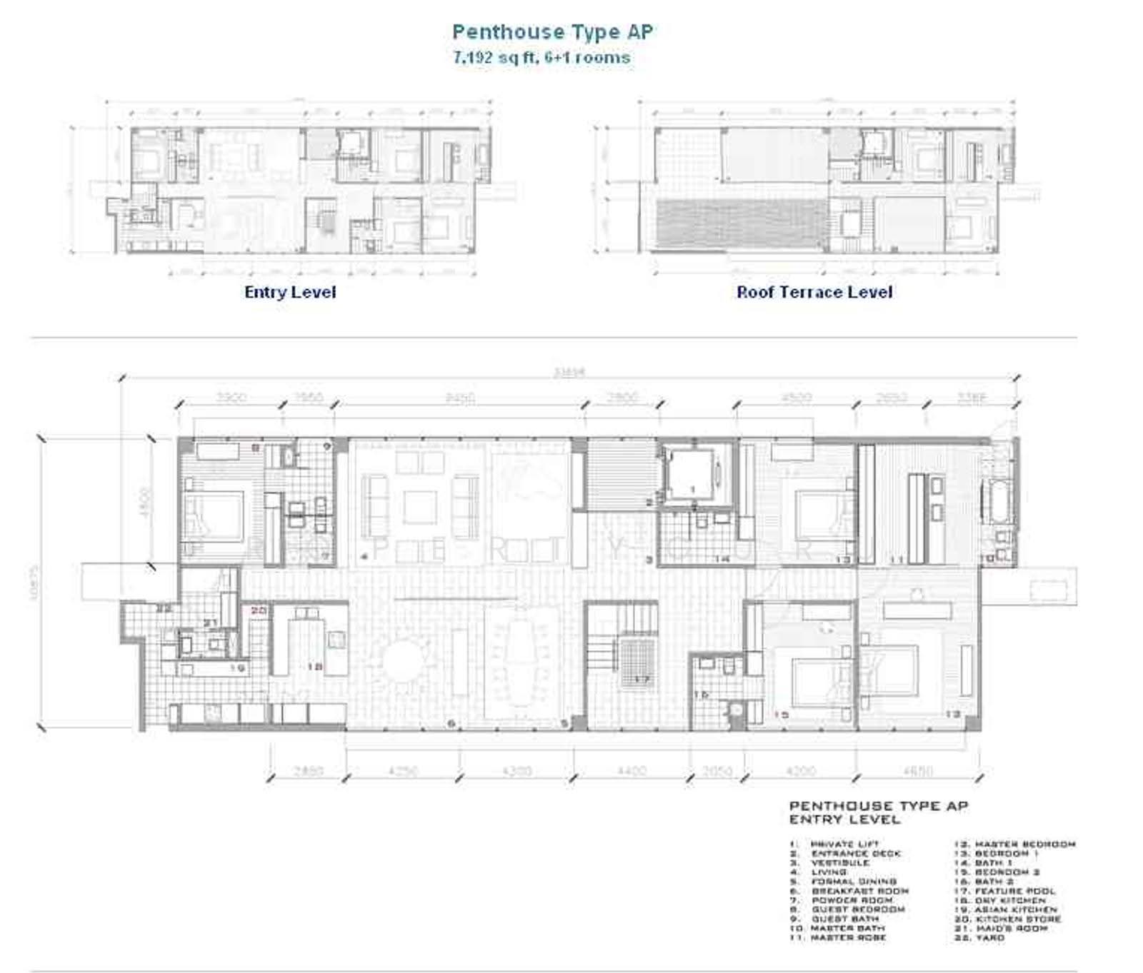 Park Seven: A detailed architectural floor plan drawing of a Penthouse Type AP, showing the layouts for the entry level and roof terrace level.