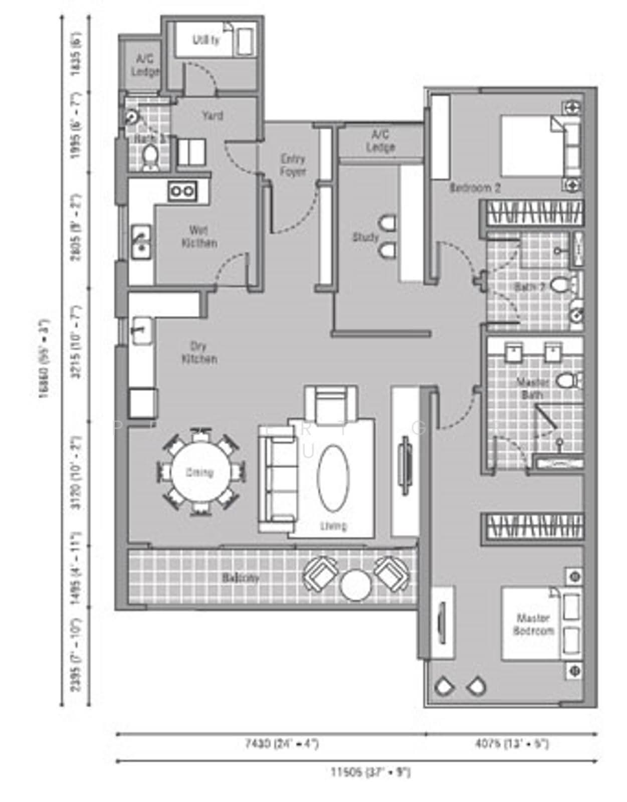 The Westside One: An architectural floor plan of a residential apartment unit, showing the layout of the living room, dining area, kitchen, multiple bedrooms, and bathrooms with dimension lines.