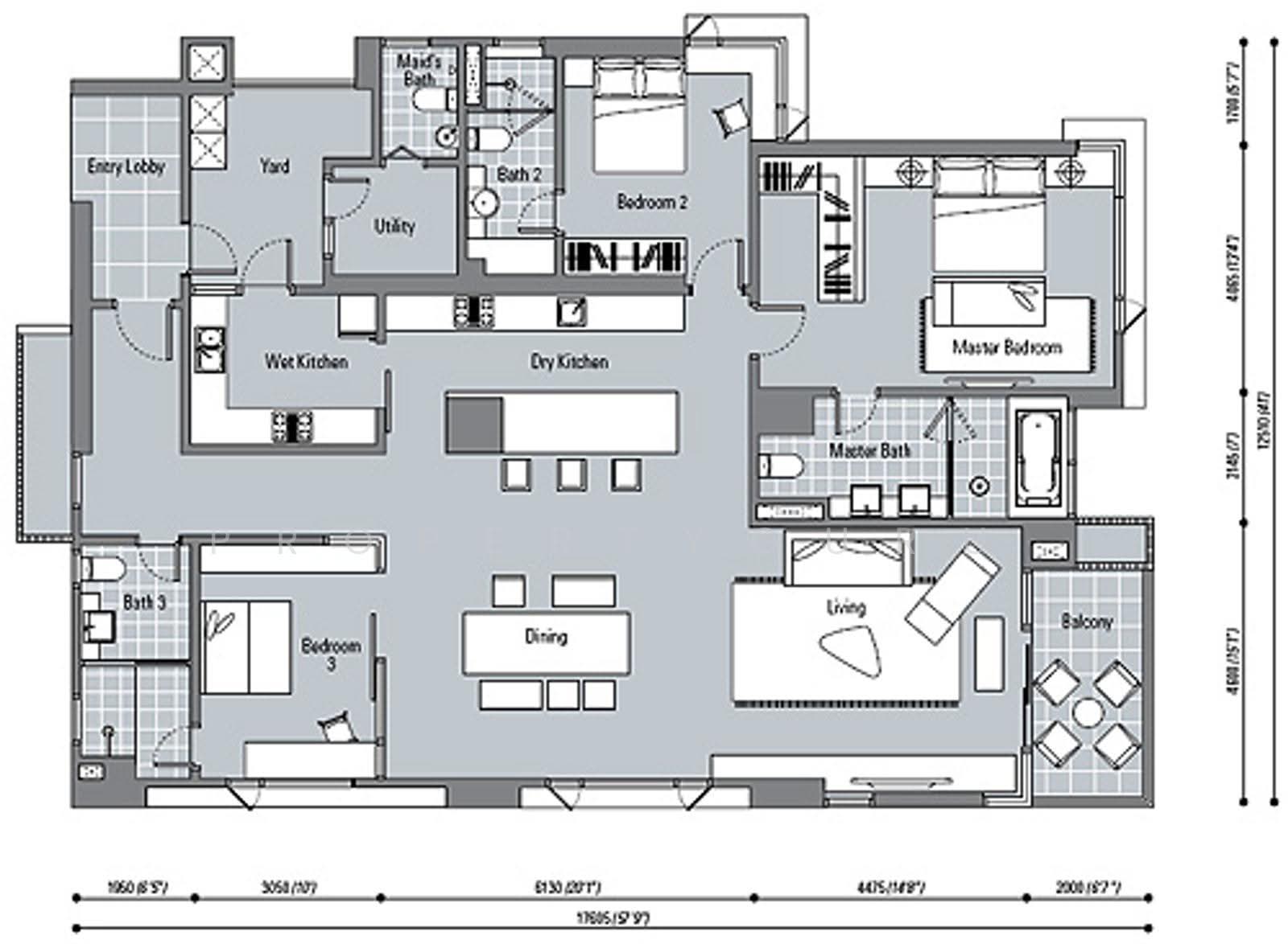 The Northshore: An architectural floor plan of a residential unit showing a living area, dining room, kitchen, master bedroom, two additional bedrooms, and bathrooms.