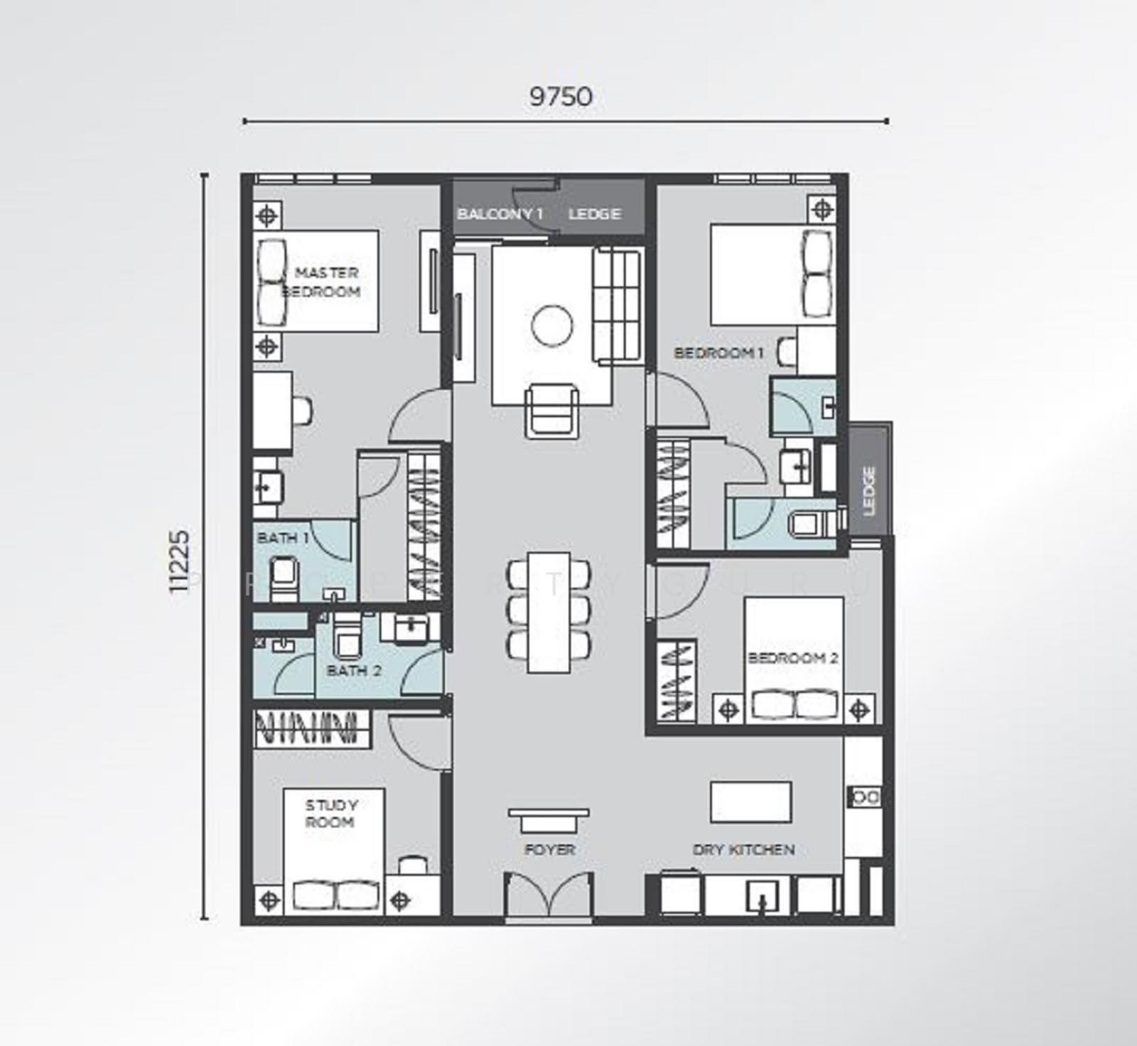 D'immersione @ Mont Kiara: A residential floor plan showing a 3-bedroom layout with a master bedroom, study, dry kitchen, and balcony.