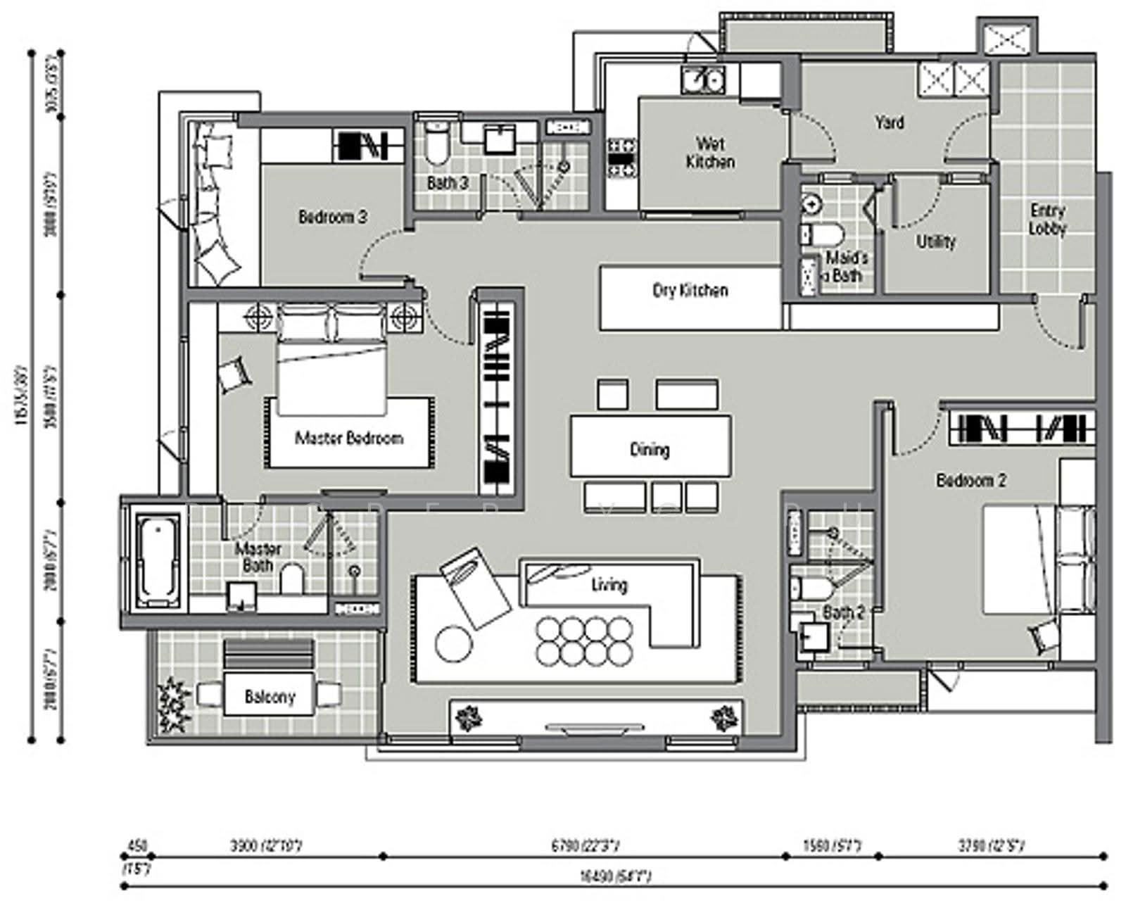 The Northshore: A floor plan of a 3-bedroom residential unit showing layout of rooms and furniture.
