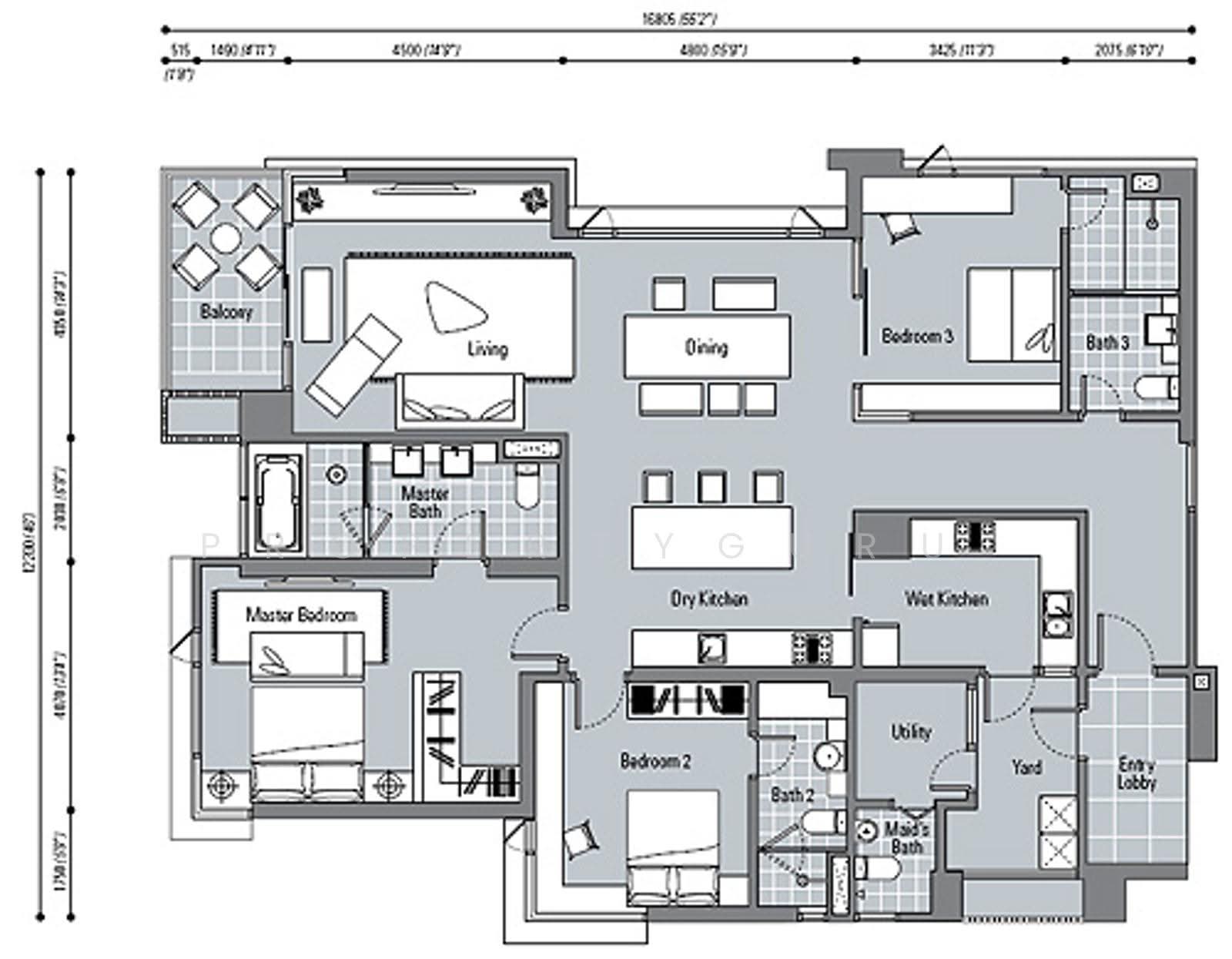 The Northshore: A floor plan of a residential unit showing the layout of rooms, including a master bedroom with ensuite, living and dining areas, kitchen, other bedrooms, and a balcony.
