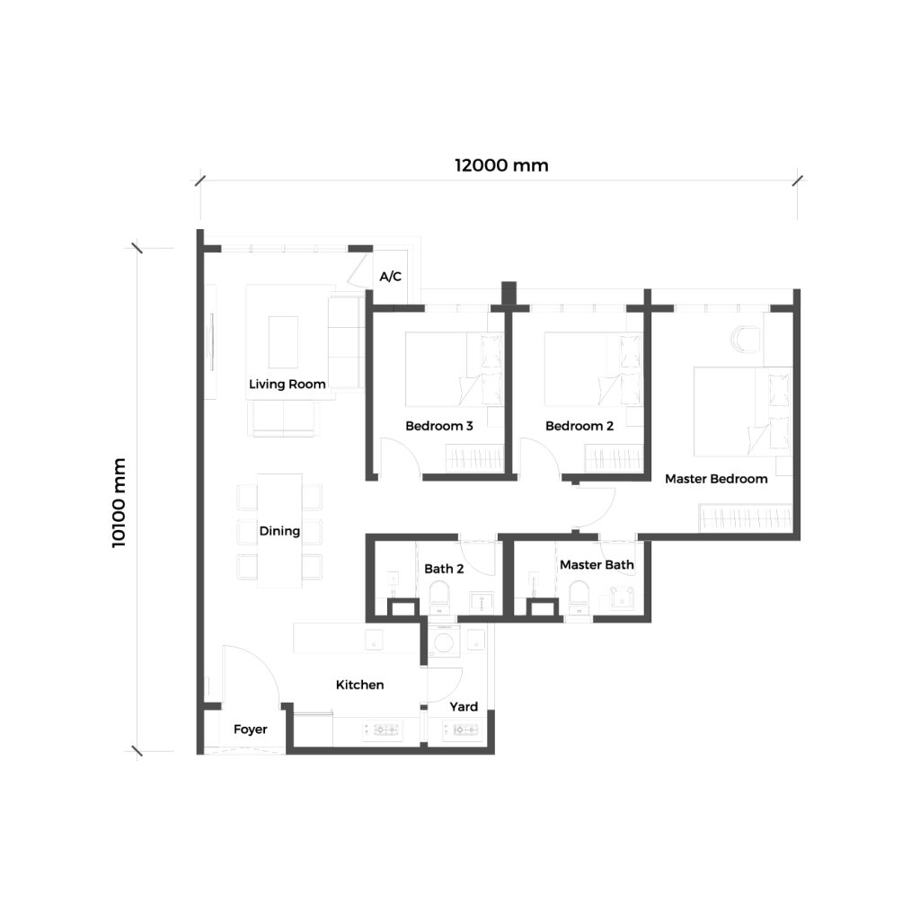 SUNWAY D'HILL RESIDENCES, PETALING JAYA: A 2D architectural floor plan showing a unit layout with a living room, dining area, three bedrooms, two bathrooms, kitchen, and yard.
