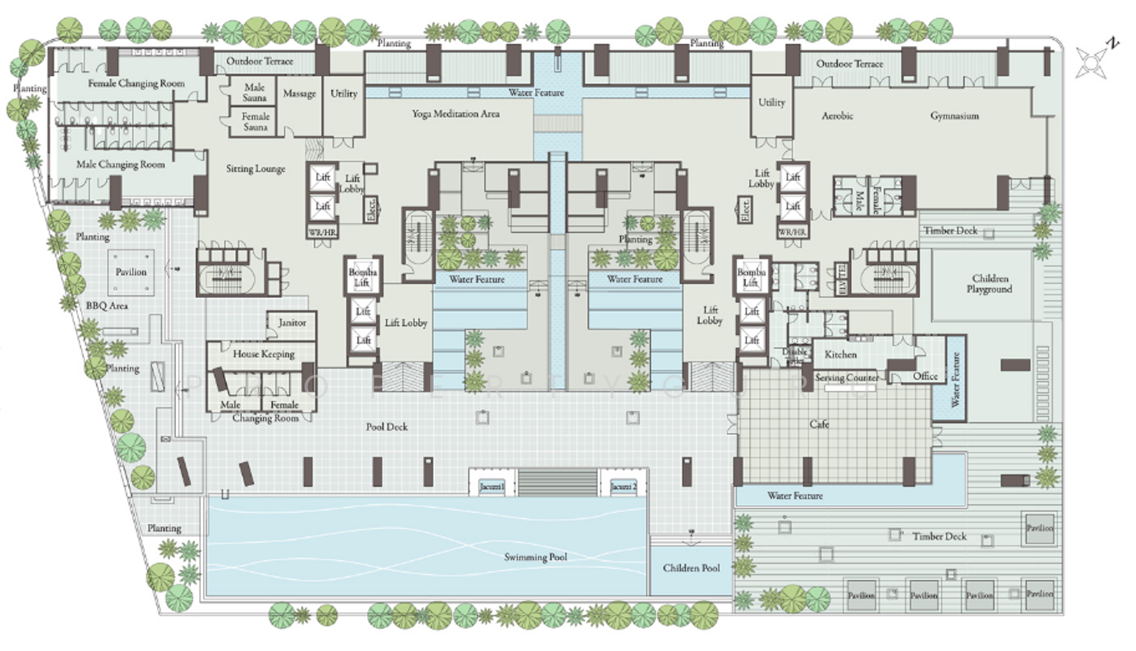 The Pearl: A detailed architectural floor plan of a residential development showing pools, changing rooms, gyms, and various indoor and outdoor facilities.