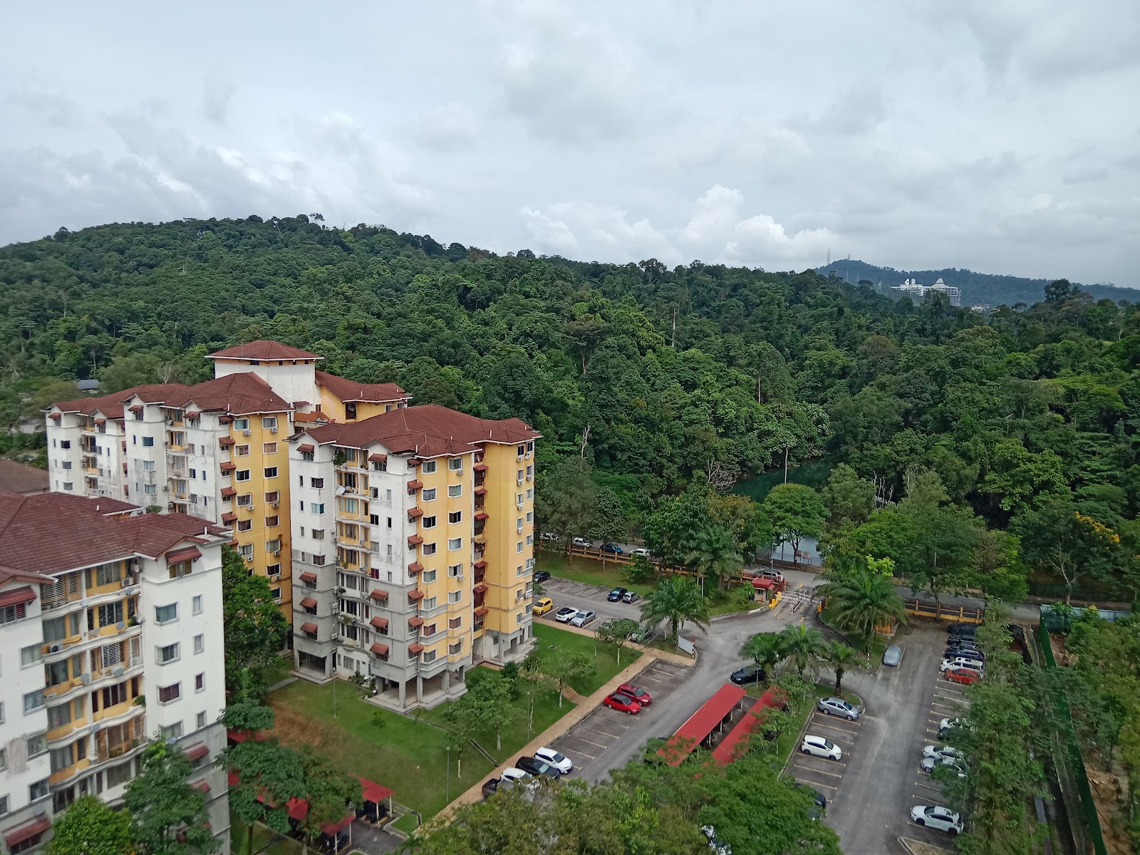 De Rozelle: An elevated view of a residential complex with yellow and white apartment buildings featuring red roofs, surrounded by a parking area and dense green forest.