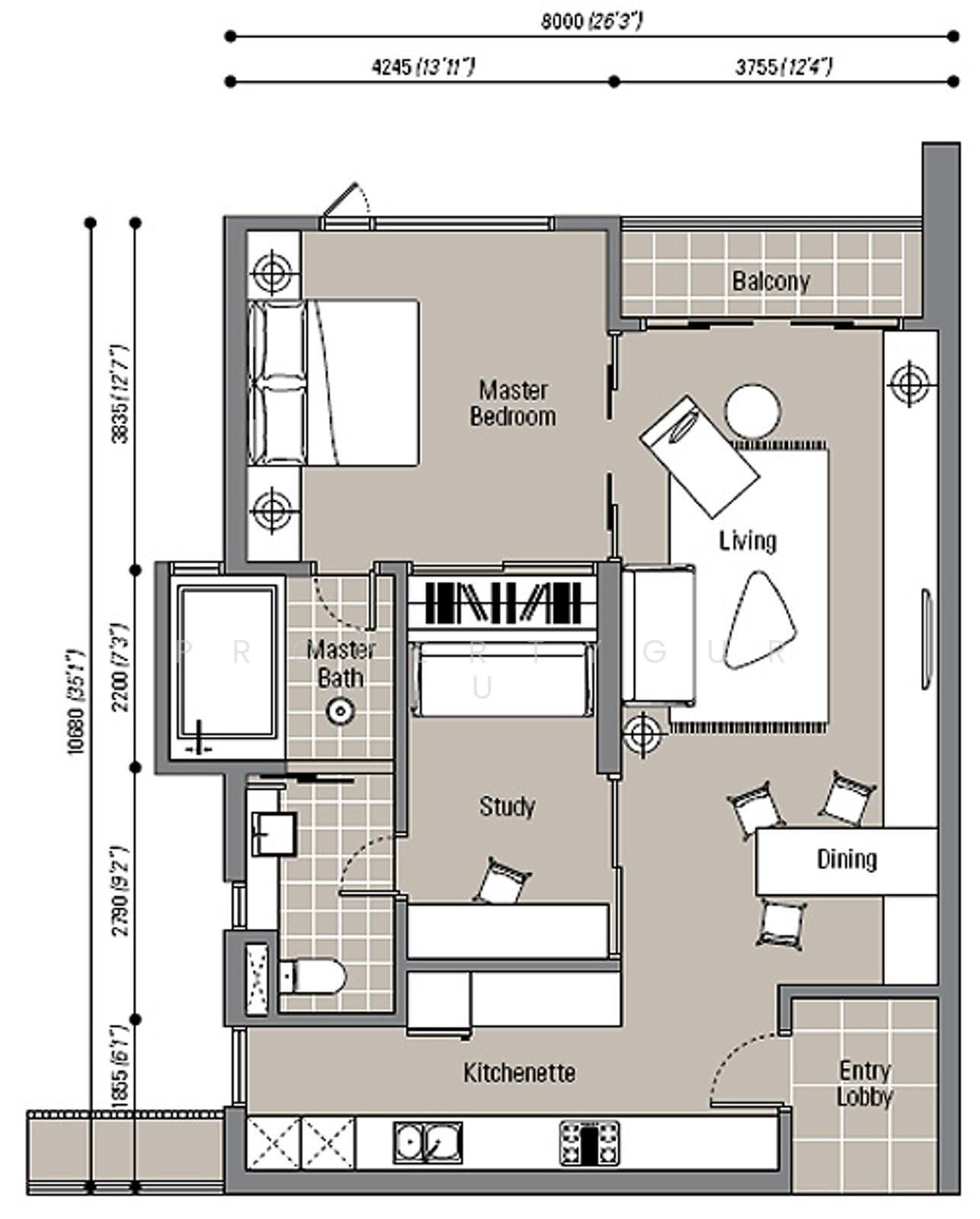 The Northshore: An architectural floor plan of a residence, detailing the master bedroom, study, living area, kitchenette, and master bath with dimensions and furniture layout.