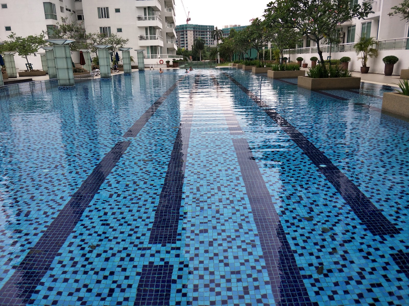 Embassyview: A long outdoor swimming pool with mosaic tiles and lane markers, located between residential apartment blocks.