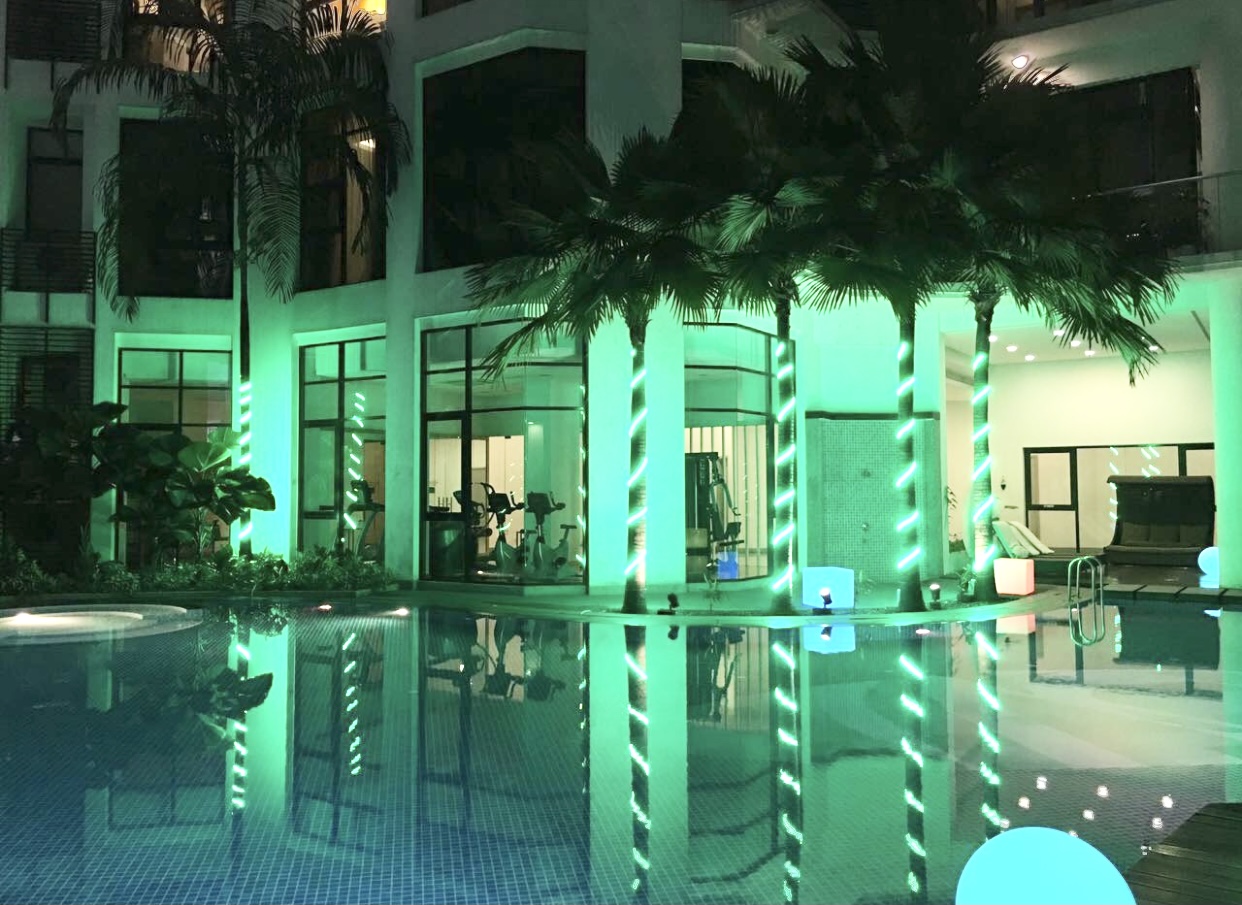 Gallery @ U-Thant: A night shot of a shared swimming pool with palm trees, next to a ground-floor gym with visible exercise equipment.