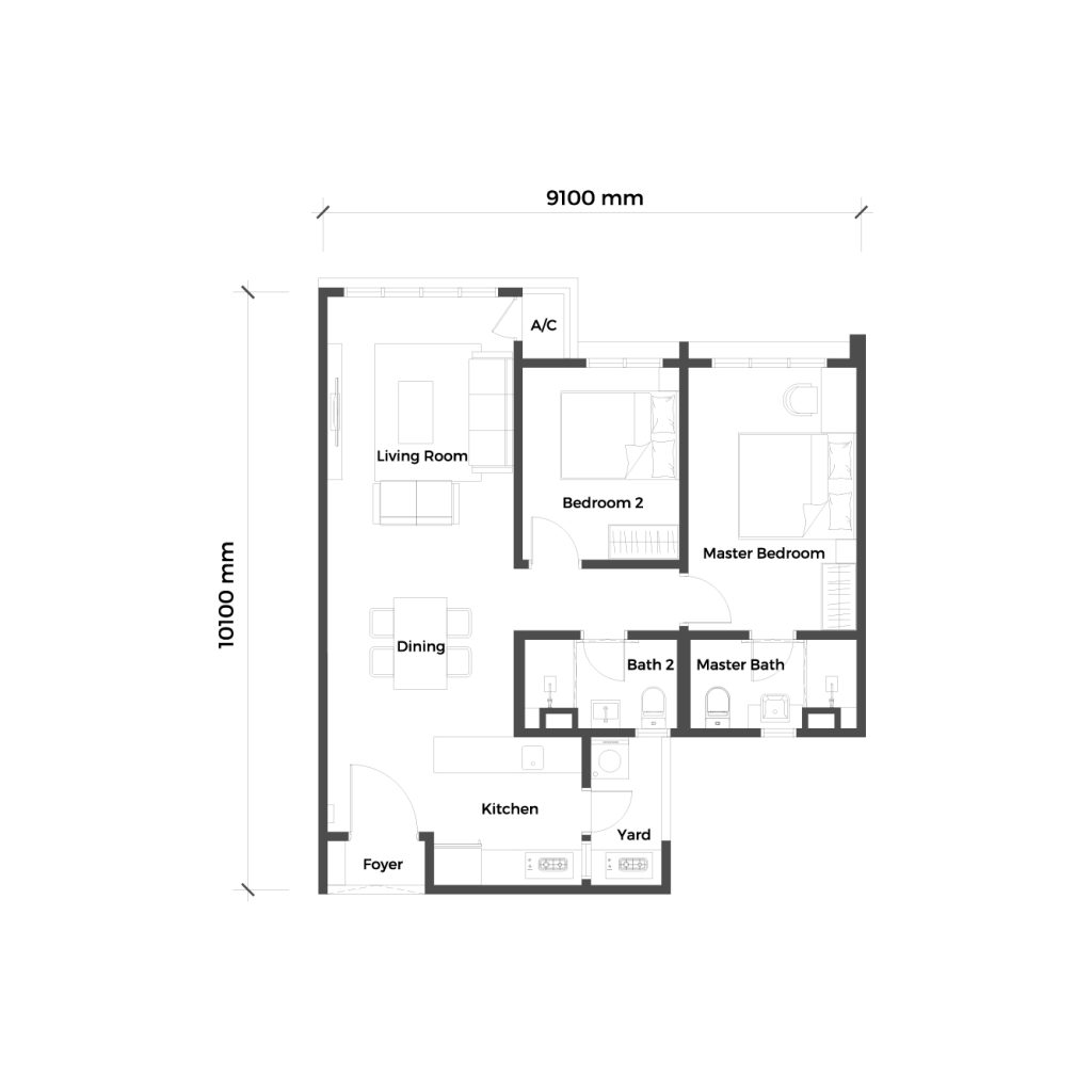 SUNWAY D'HILL RESIDENCES, PETALING JAYA: A 2-bedroom apartment floorplan showing room layout, furniture placement, and dimensions.