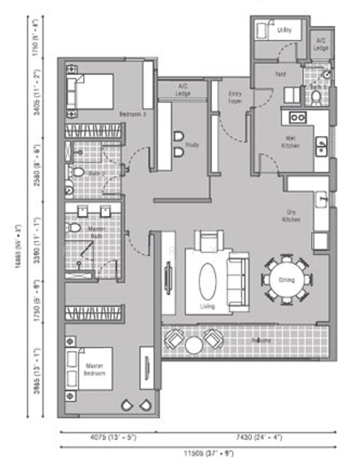 The Westside One: An architectural floor plan of a residential unit showing the layout of the master bedroom, living room, dining area, and other spaces.