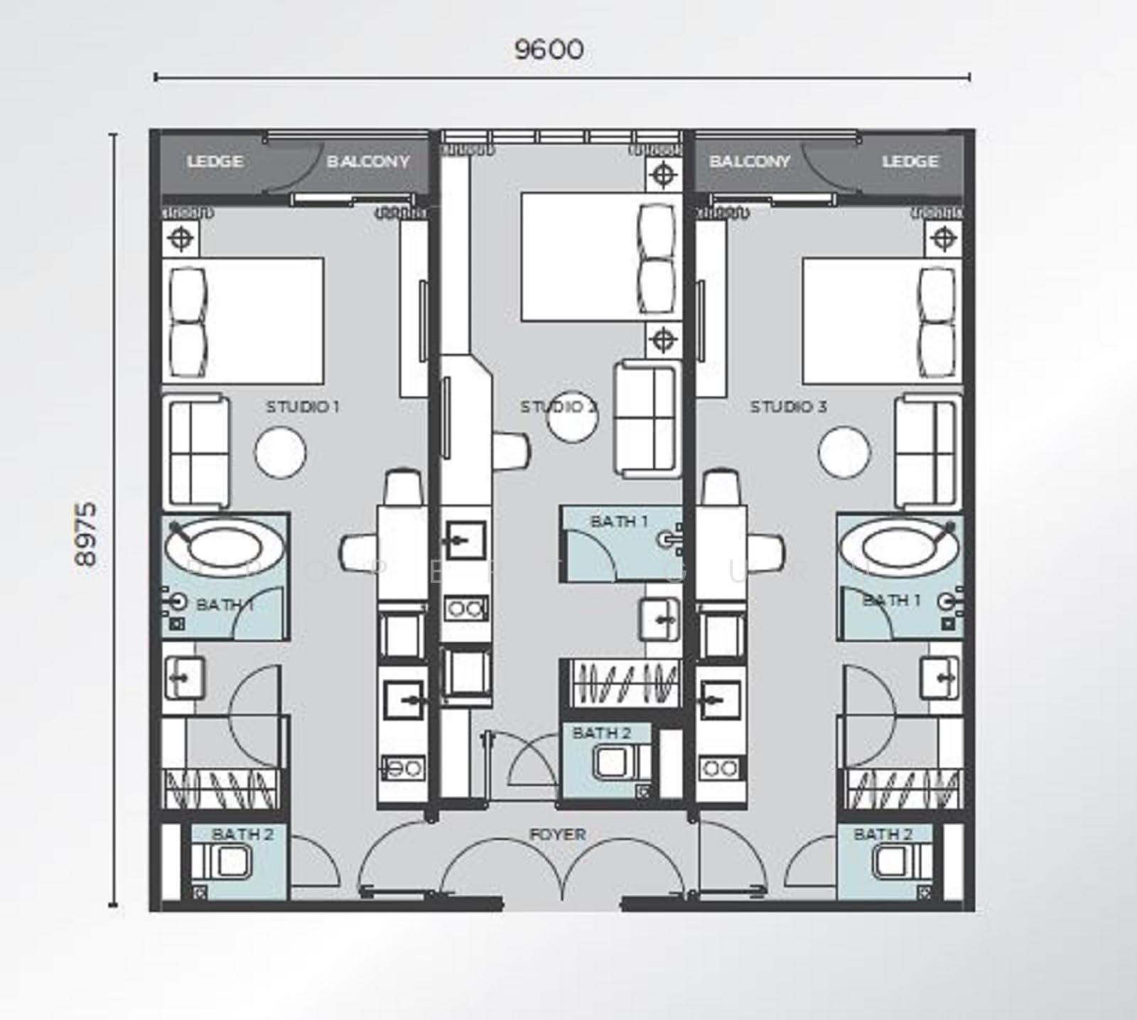 D'immersione @ Mont Kiara: A detailed architectural floor plan showing the layout of three studio units including bedrooms, bathrooms, balconies, and a common foyer.