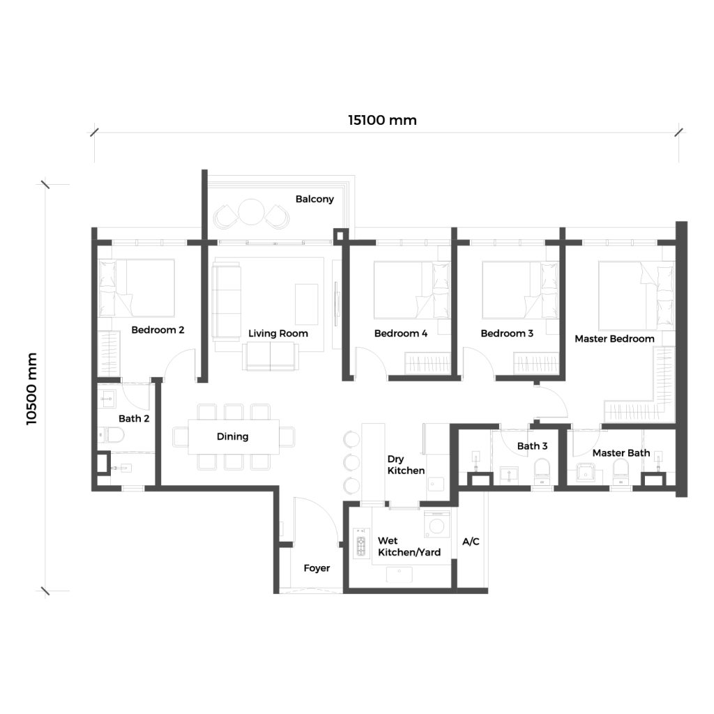 SUNWAY D'HILL RESIDENCES, PETALING JAYA: Architectural floor plan of a 4-bedroom unit showing room layout, dimensions, and fixture details.