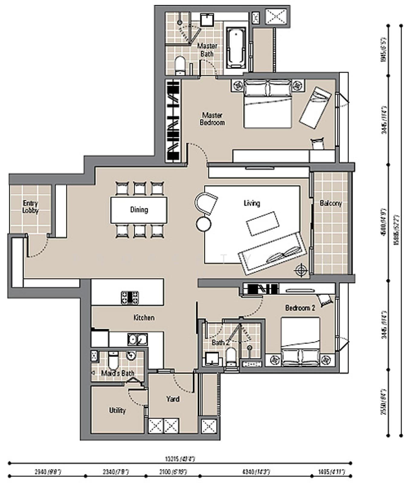 The Northshore: A detailed architectural floor plan of a residential unit showing the master bedroom, living room, dining area, kitchen, and bathrooms.