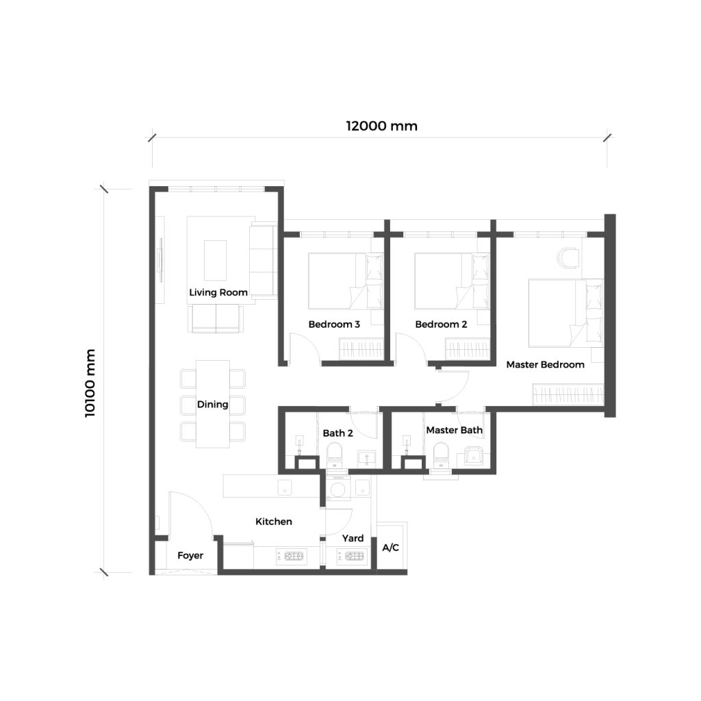 SUNWAY D'HILL RESIDENCES, PETALING JAYA: A floor plan drawing showing the layout of a residential unit with labeled rooms including a living room, dining area, kitchen, foyer, yard, three bedrooms, and two bathrooms, with dimensions of 12000 mm by 10100 mm.