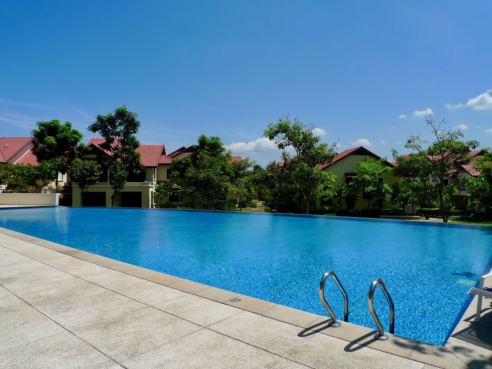 Nadia Parkfront: A large outdoor swimming pool with a metal ladder in the foreground, set against a backdrop of detached houses and lush greenery.