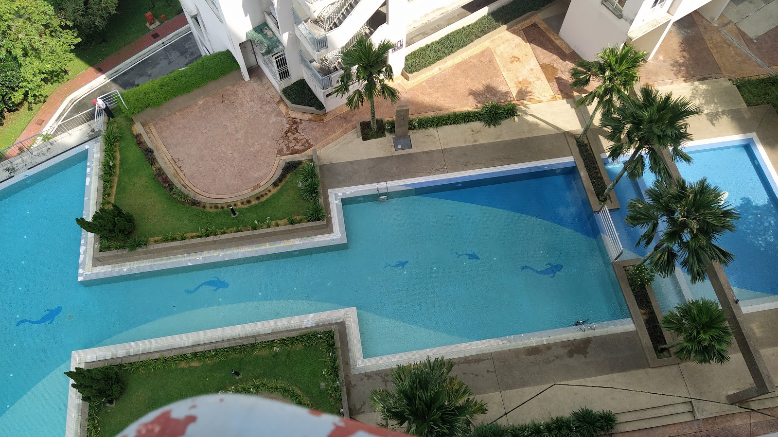 Cova Villa: A high-angle aerial view of a complex swimming pool area with multiple basins, surrounded by landscaped green lawns, pathways, and palm trees within a residential development.