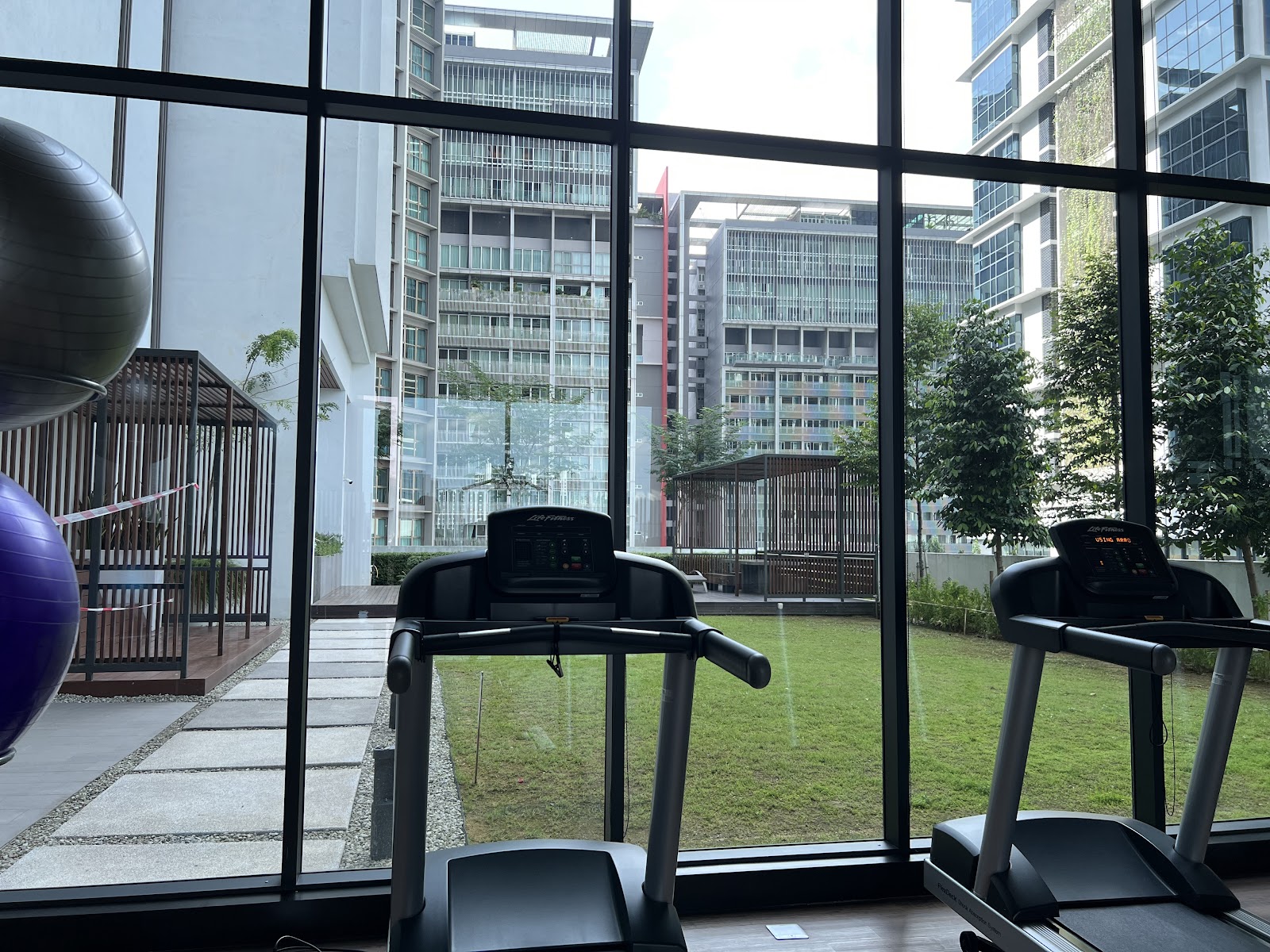 10 Stonor: A gym with treadmills and exercise balls looking out through a large window onto a landscaped courtyard and other apartment buildings