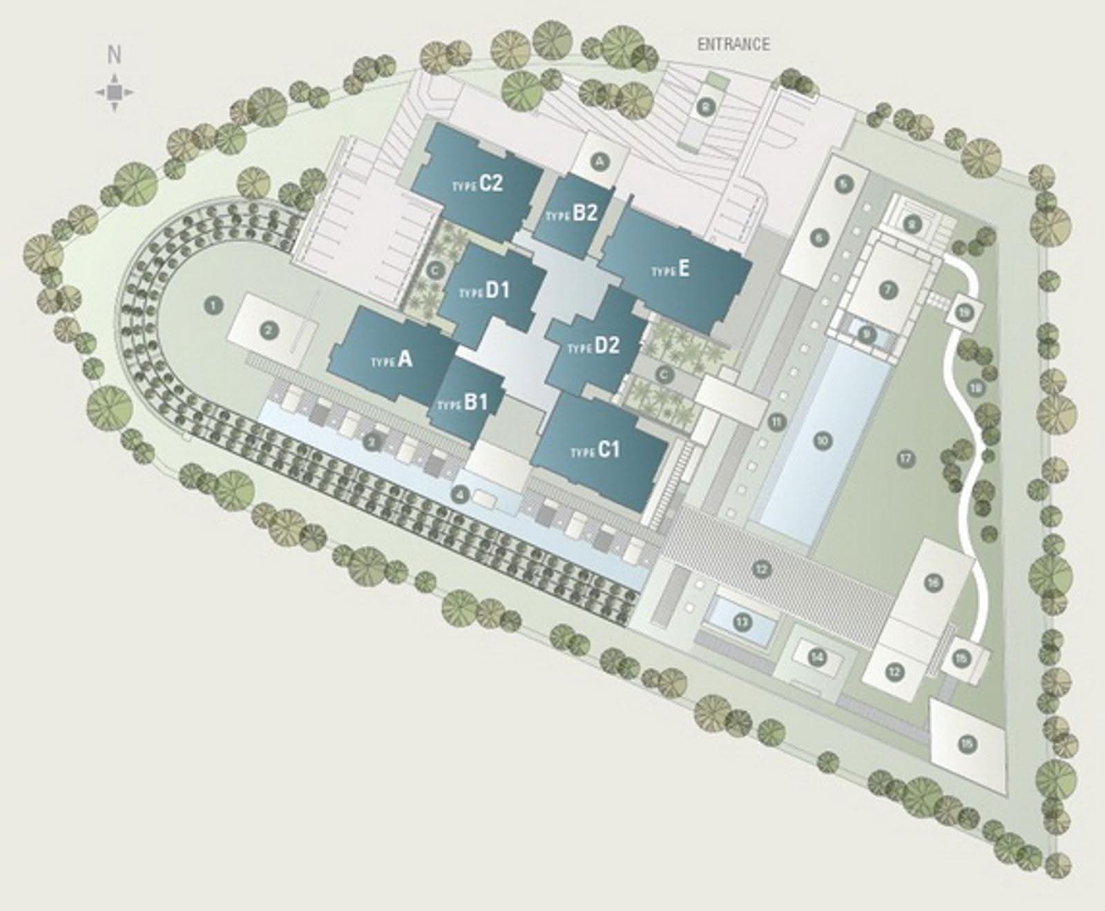 The Northshore: A site plan of the development showing building blocks labeled TYPE A through TYPE E, a central garden area, swimming pool, car park, and landscaping.