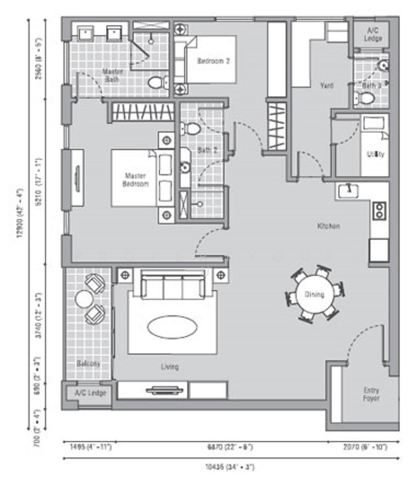 The Westside One: A black and white architectural floor plan showing the layout of a residential unit with labeled rooms including Living, Dining, Kitchen, and two bedrooms.