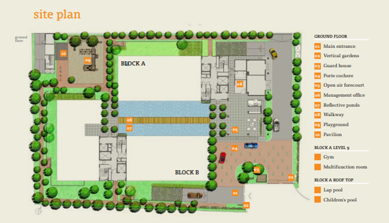 Dedaun Condominium: A site plan for the Dedaun Condominium showing the ground floor layout with Block A and Block B, a legend of amenities like the playground and porte-cochere, and surrounding landscape.
