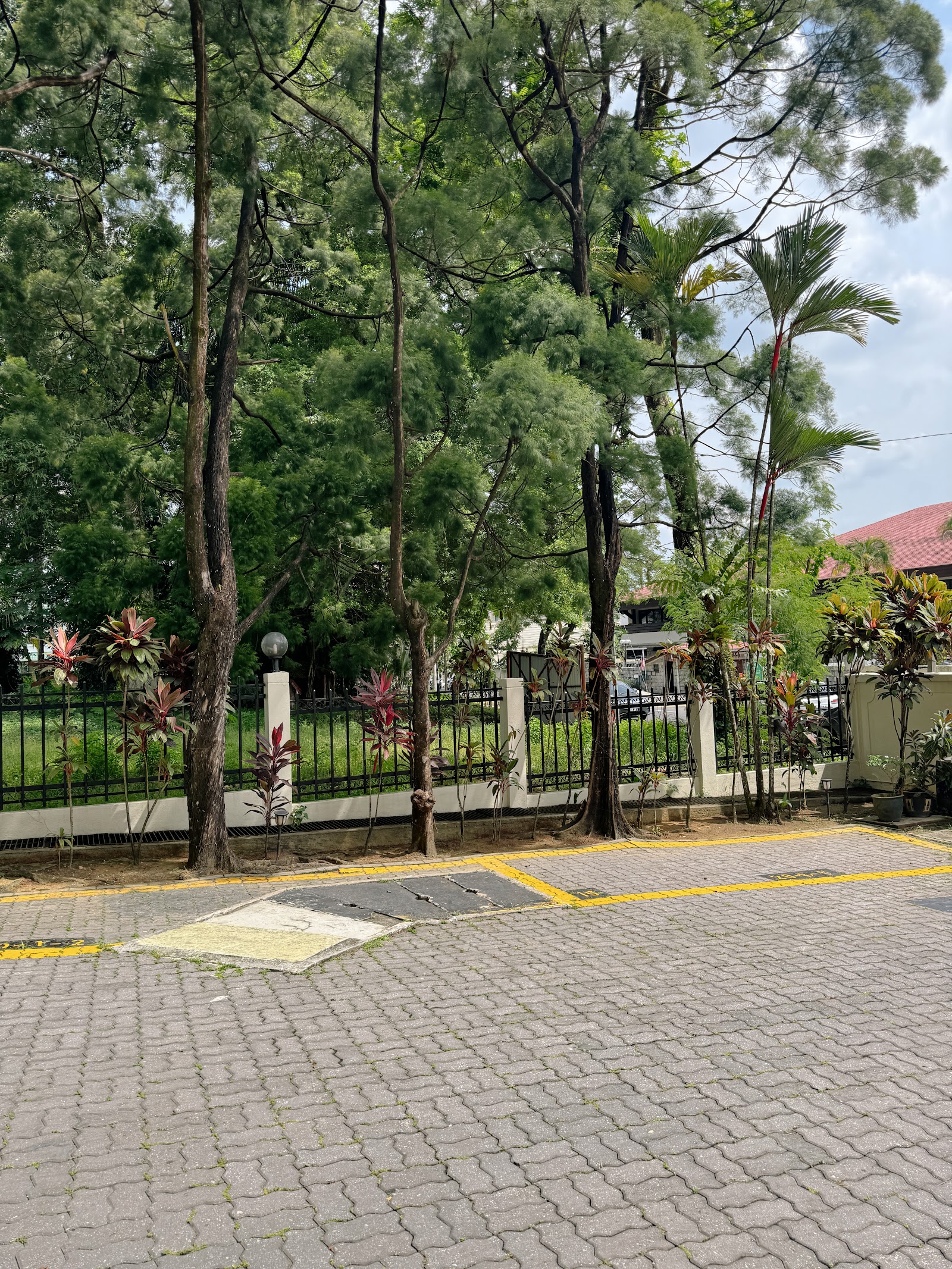 Wickham Manor: A view of the landscaped grounds and perimeter fence of a residential development, featuring trees, shrubs, and a paved driveway.
