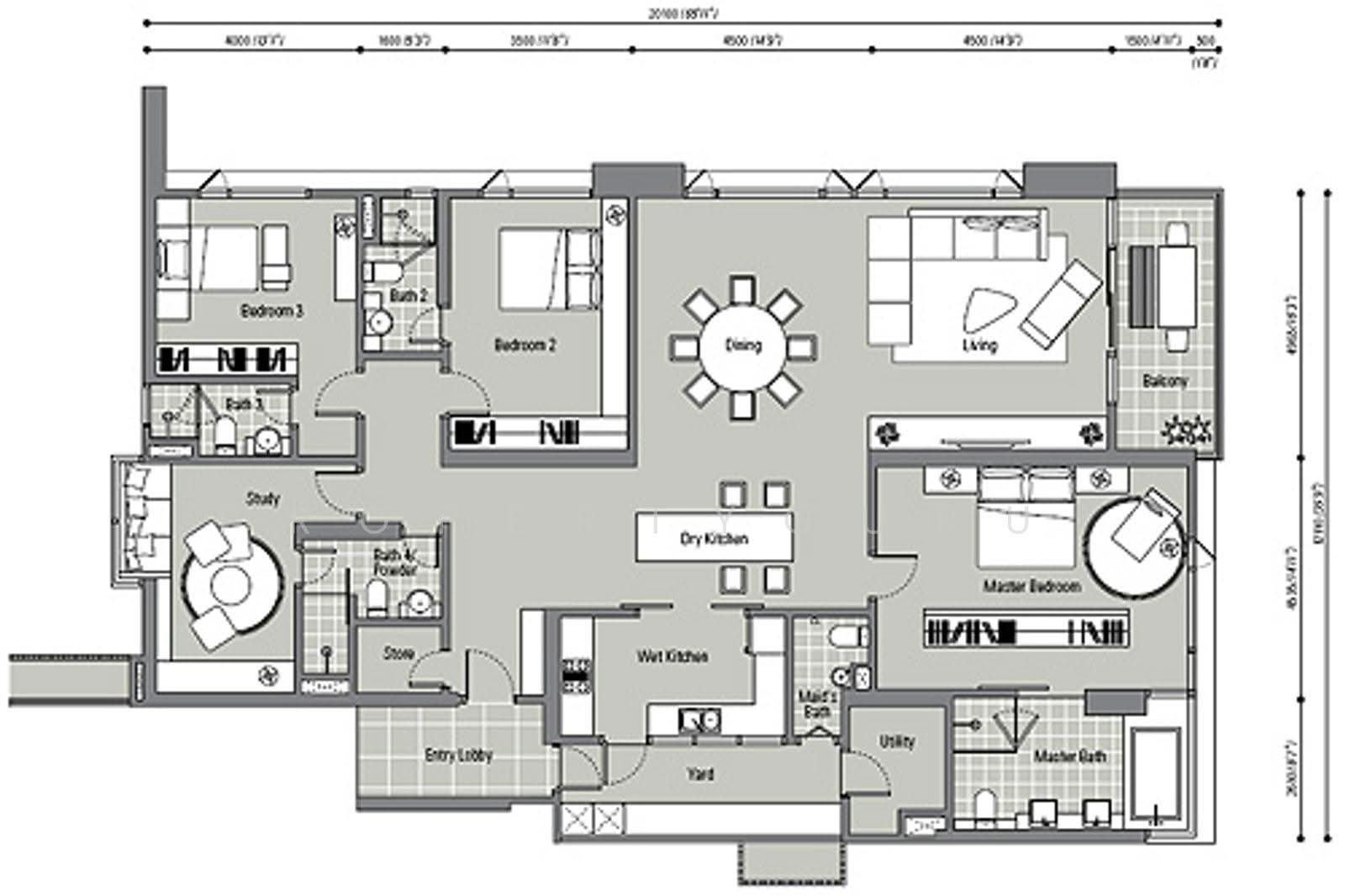 The Northshore: A floor plan of a residential unit showing the layout of bedrooms, bathrooms, a living and dining area, and a kitchen.