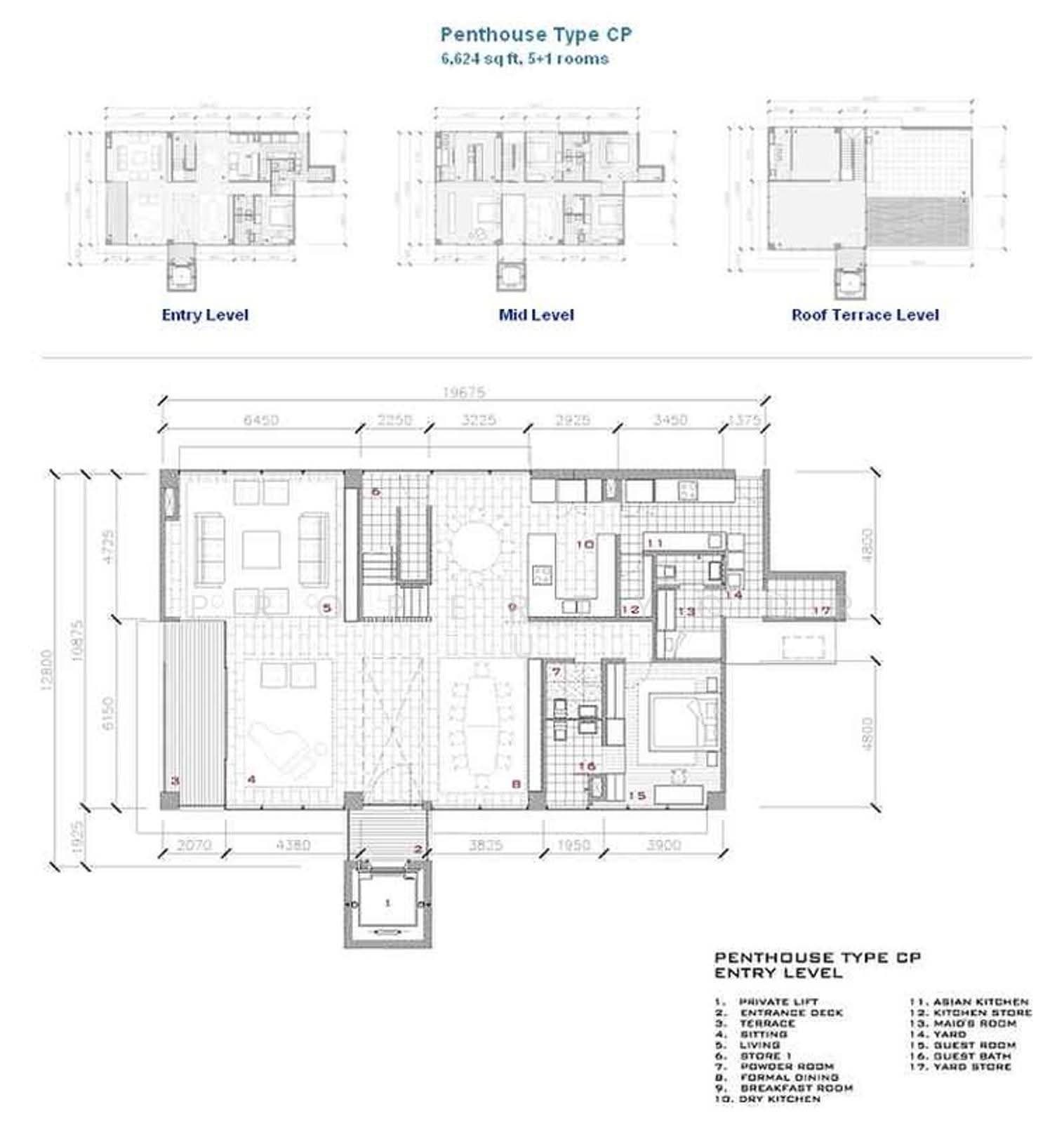 Park Seven: Architectural floor plan of Penthouse Type CP showing Entry, Mid, and Roof levels with dimensions and room labels.