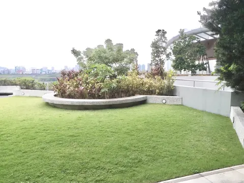 Gallery @ U-Thant: A landscaped garden area on a rooftop or elevated terrace featuring a manicured lawn and a raised planter with red and green foliage.