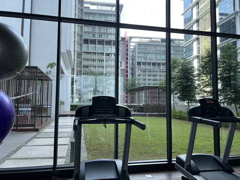 10 Stonor: A gym with treadmills and exercise balls looking out through a large window onto a landscaped courtyard and other apartment buildings