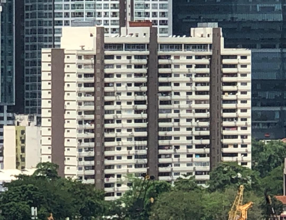Crescent Court: The facade of a multi-story residential building with a grid of windows and vertical brown sections, viewed from a distance with trees in the foreground.