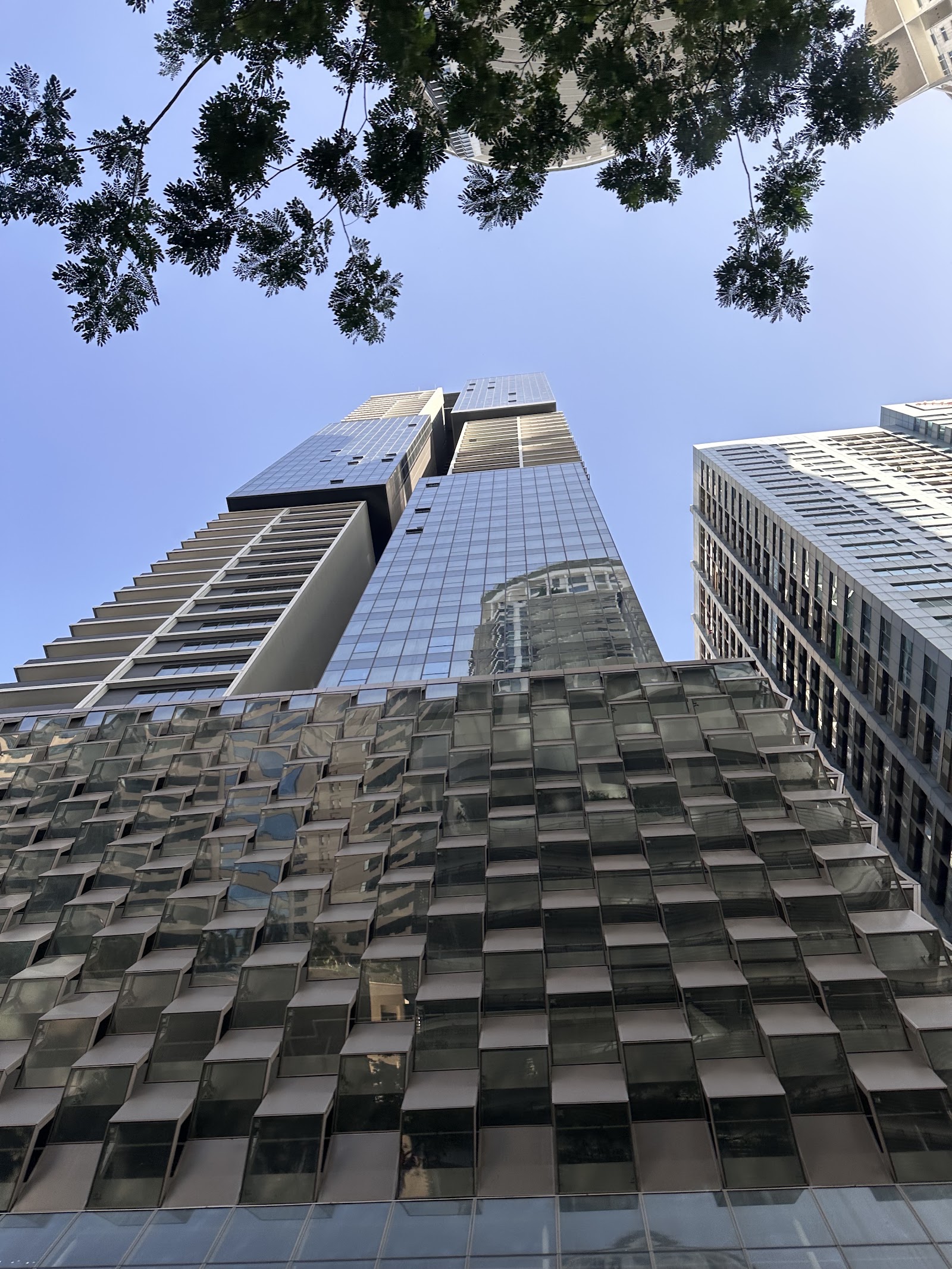 Platinum Victory Suites: A low-angle view looking up at the tall, modern facade of a residential tower with a glass curtain wall and textured balconies, framed by tree branches against a clear blue sky.
