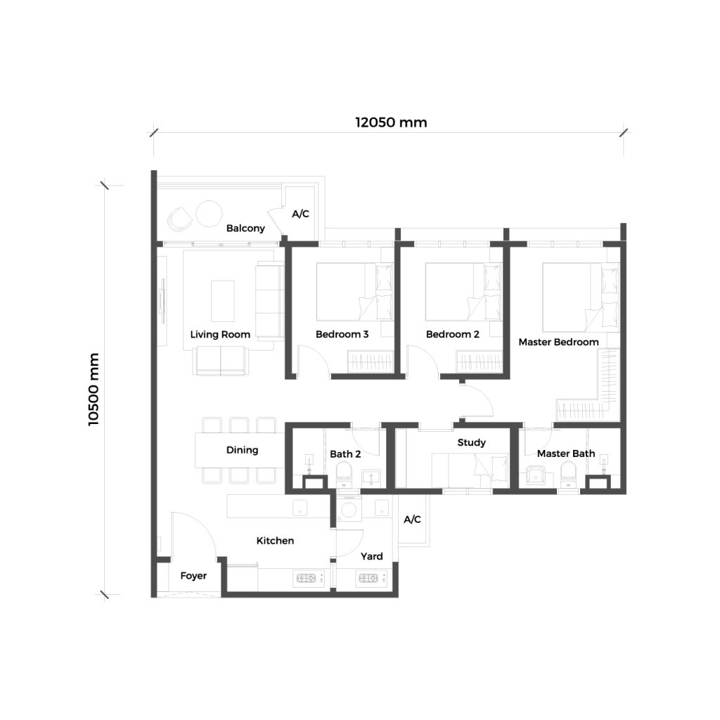 SUNWAY D'HILL RESIDENCES, PETALING JAYA: A 2D architectural floor plan of a residential unit showing four bedrooms, a living room, and dimensions.