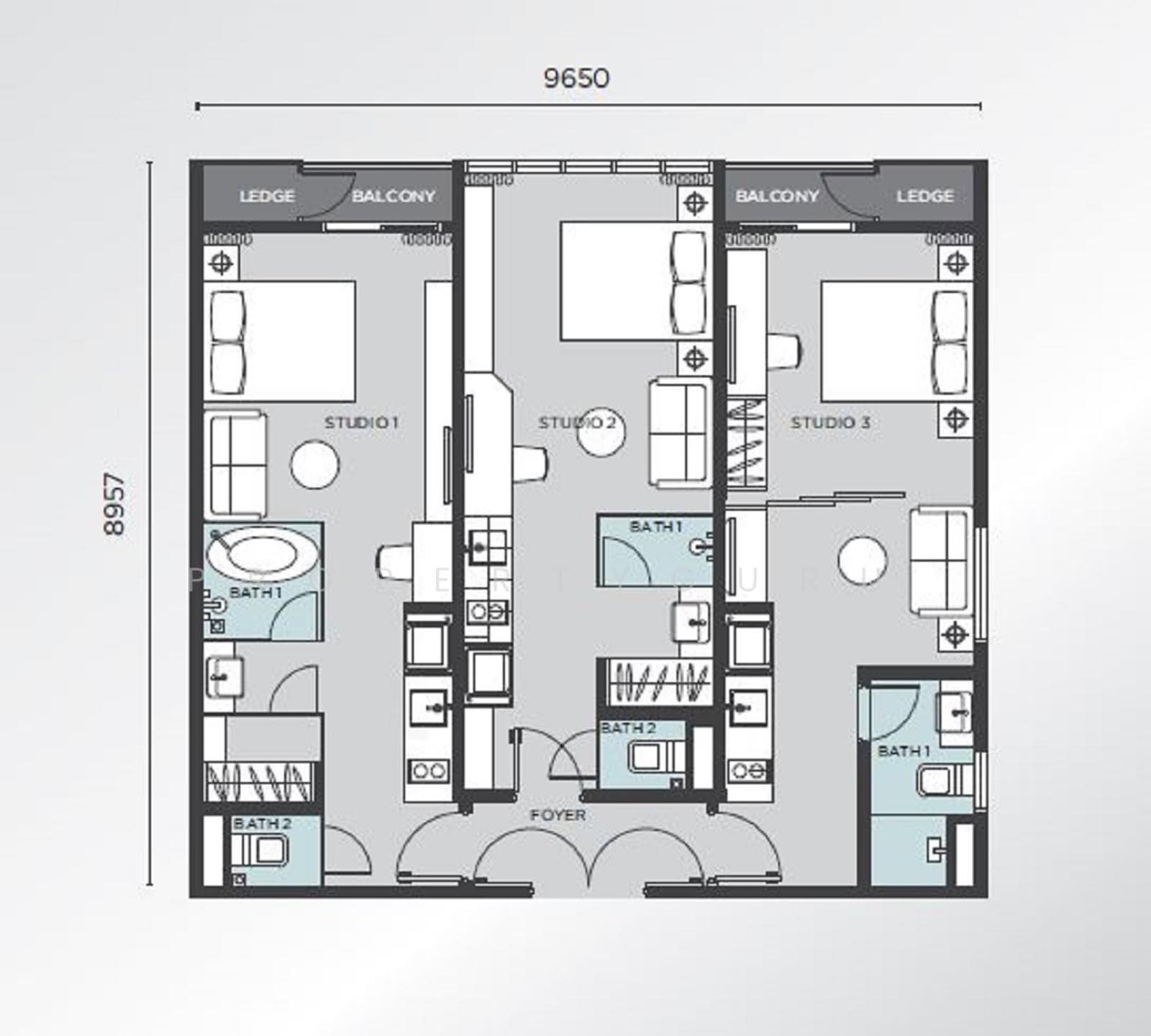 D'immersione @ Mont Kiara: A 2D floor plan showing the layout of a residential unit with three studios, two baths, a foyer, and balconies, with dimensions labeled.