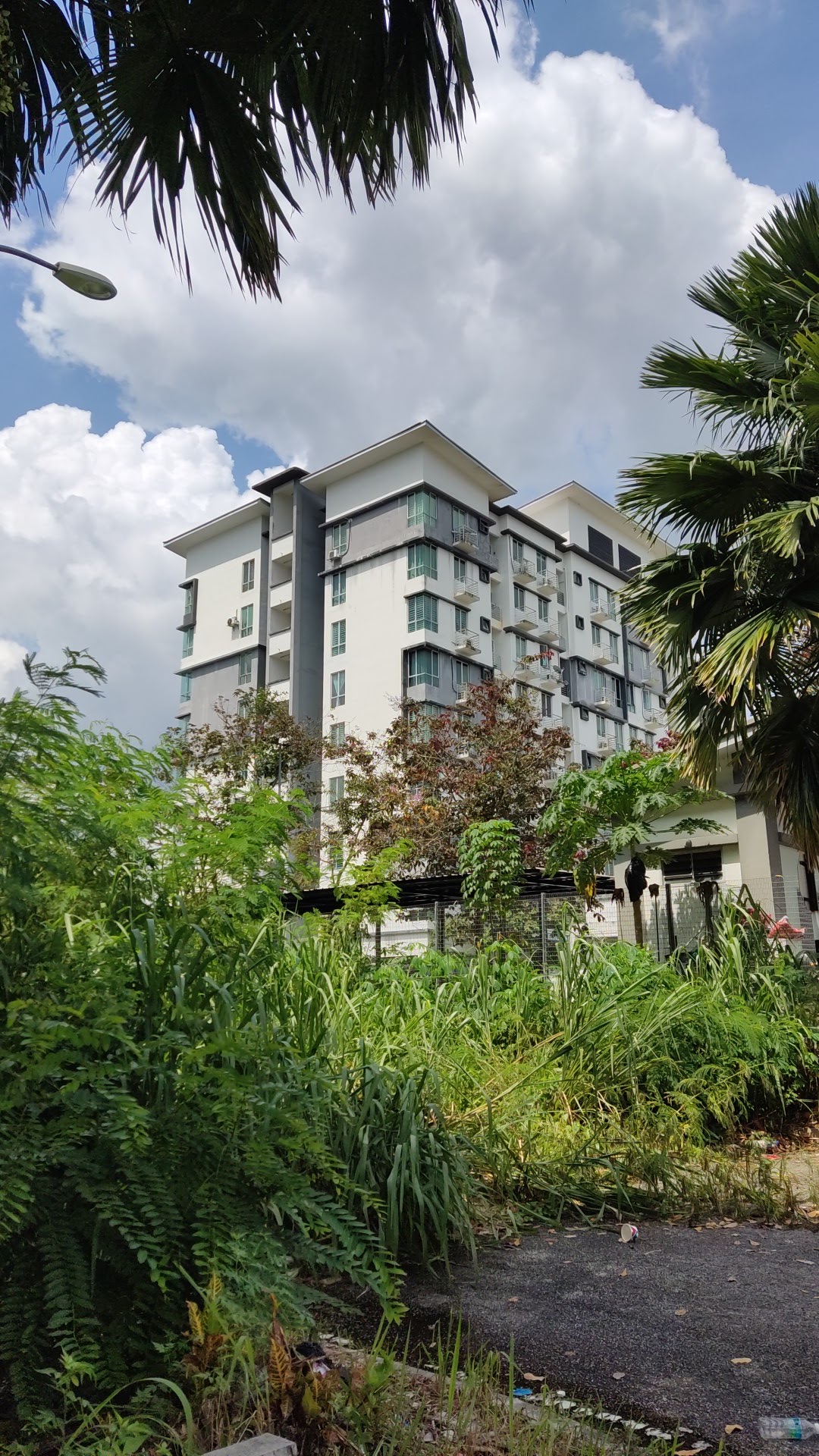 Suria Apartment @ Kota Damansara: A multi-story apartment building with white and grey facade, surrounded by overgrown vegetation and palm trees under a cloudy sky.