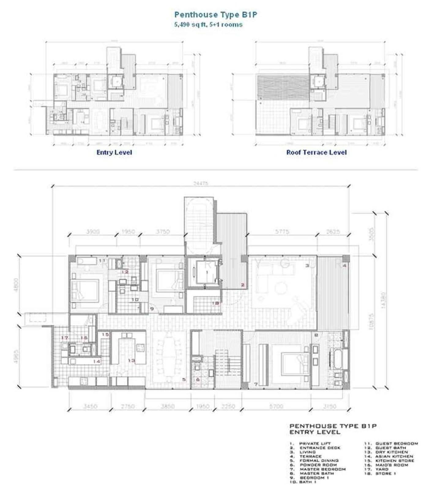 Park Seven: Architectural floor plan and elevation drawings for a Penthouse Type B1P, labeled 'Penthouse Type B1P' and '5,490 sqft, 5+1 rooms', showing the 'Entry Level' and 'Roof Terrace Level' layouts with room numbers.