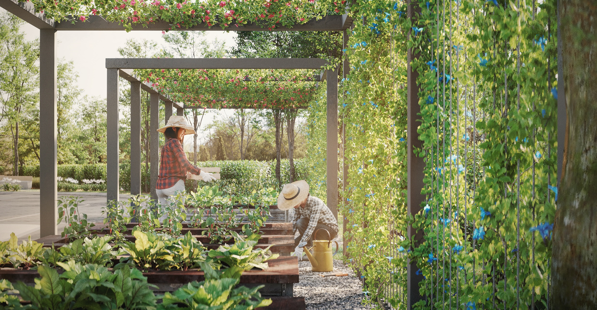 Sunway Flora 2: A garden area with a pergola and planted raised beds where two people are tending to the plants.