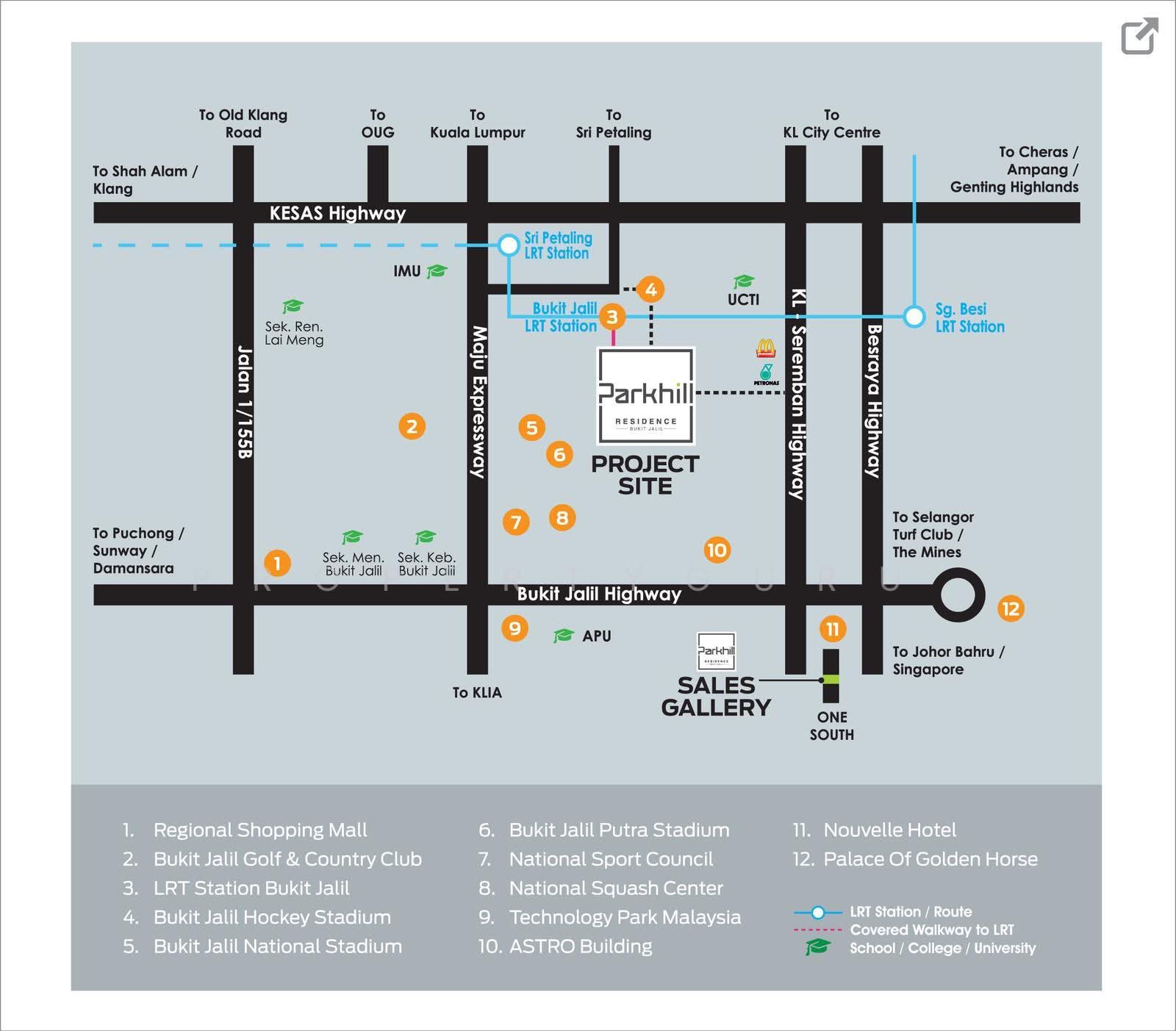 Parkhill Residence Bukit Jalil: A site map diagram of the Parkhill Residence development showing its location relative to surrounding roads, nearby landmarks, and LRT stations.