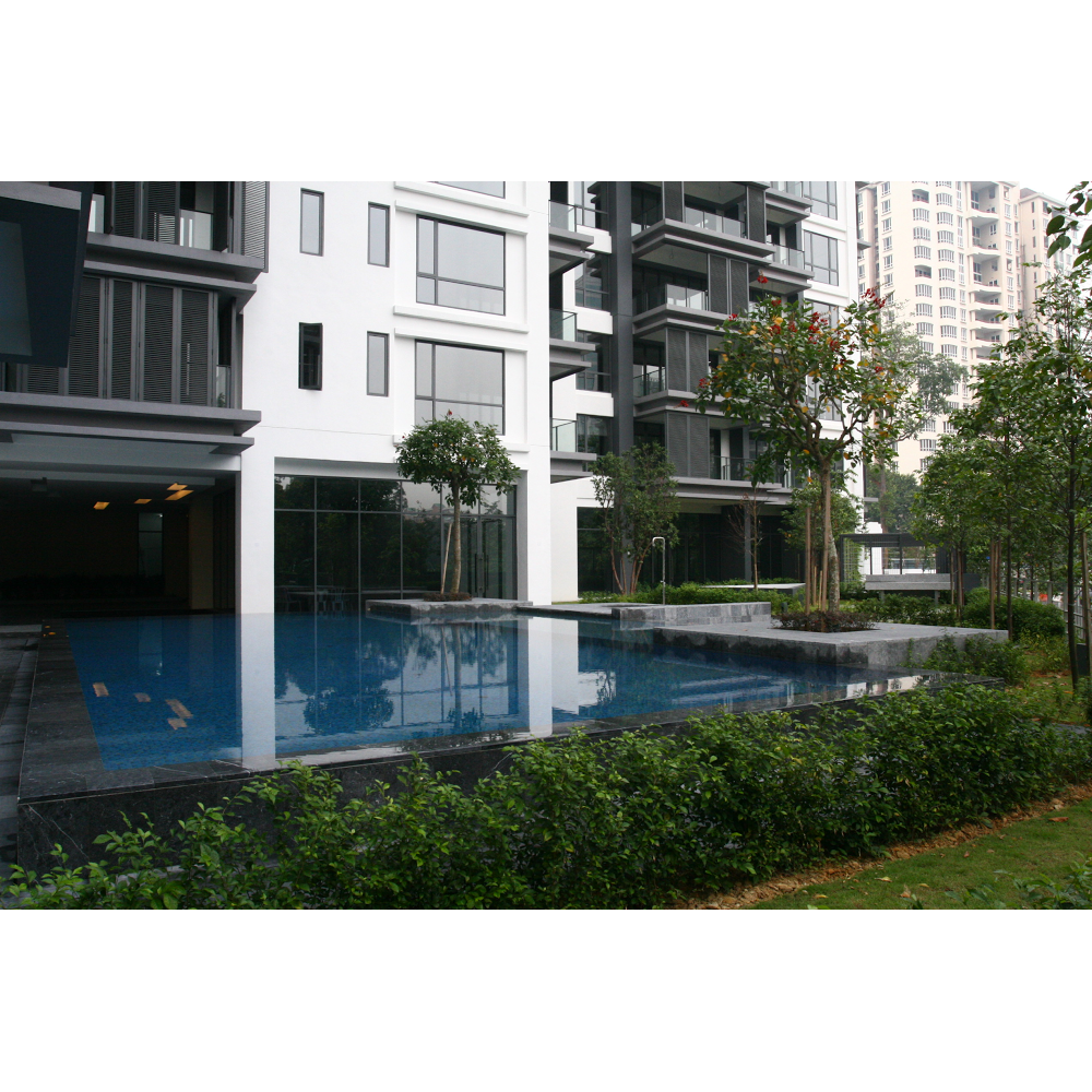 Rimbun @ Embassy Row: A swimming pool with reflections of the building and trees, surrounded by landscaped greenery and a modern residential structure.